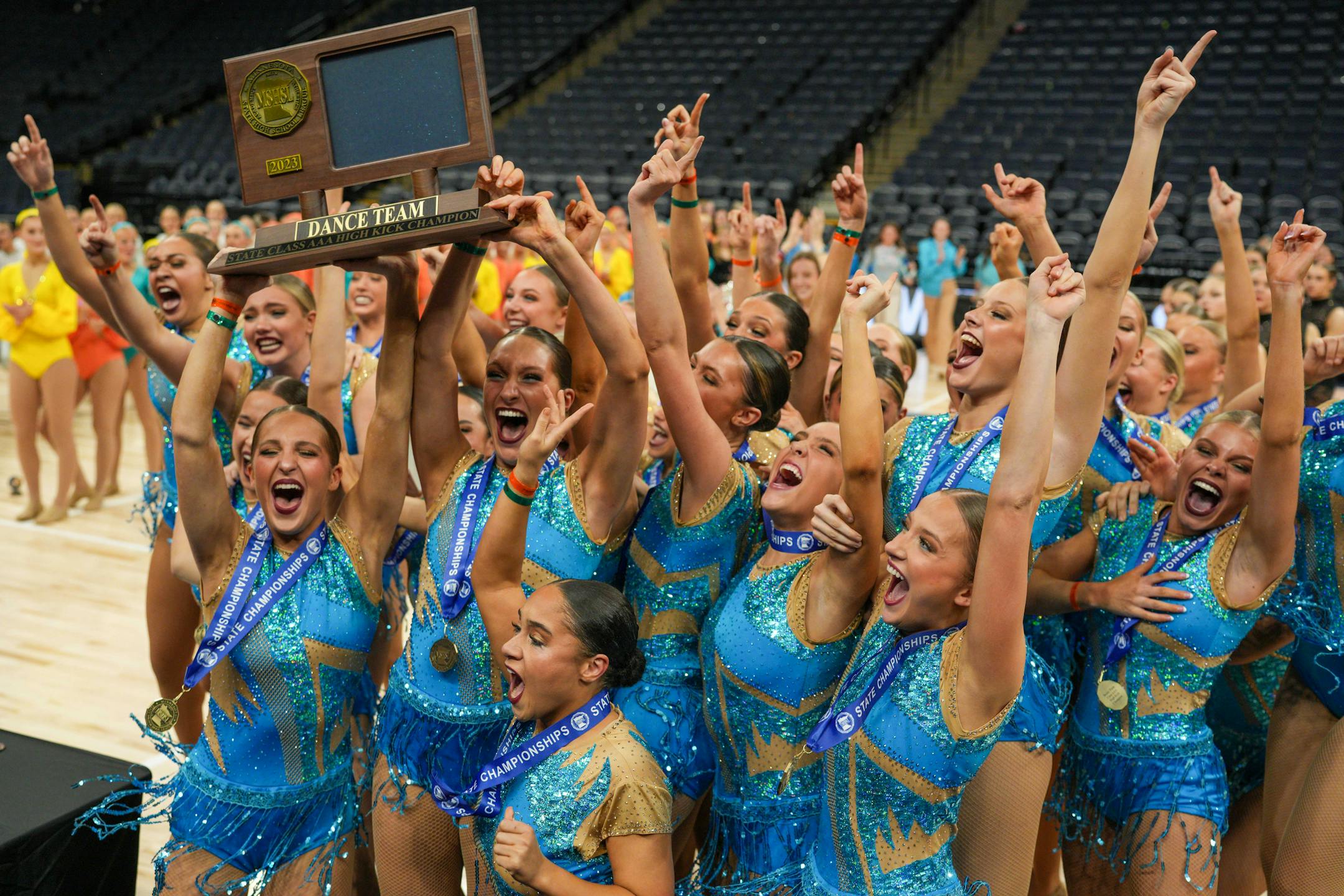 Eastview wins the 2023 MSHSL Class 3A High Kick Dance Tournament on Feb. 18, 2023 at the Target Center. [ Special to Star Tribune, photo by Matt Blewett, My Story Minnesota, matt@mystorymn.com, Feb. 18, 2023, MSHSL Dance Tournament, prep dance championships, Target Center, Minnesota, PREP021923.dance