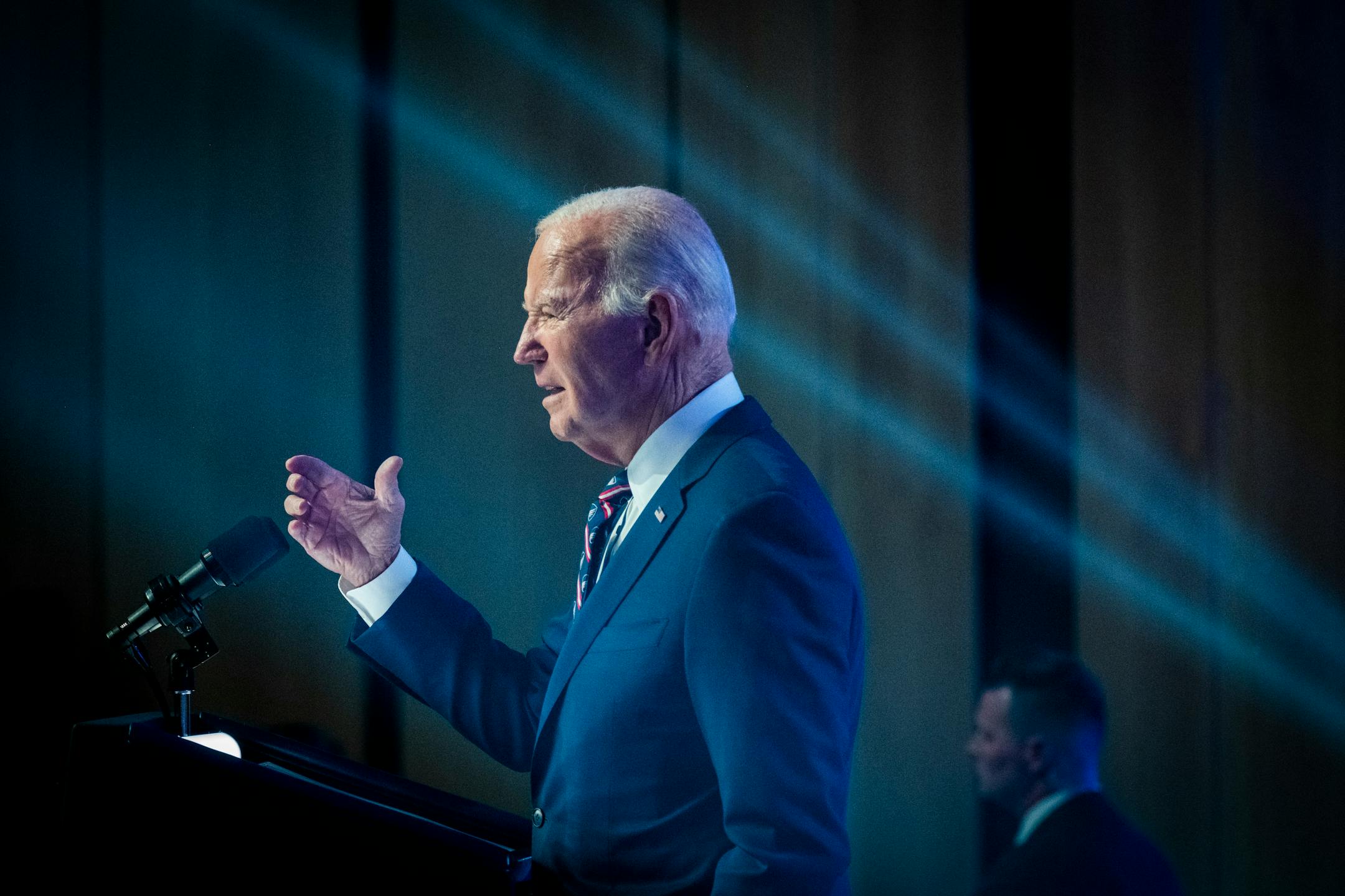 President Joe Biden delivers remarks at a campaign event at Montgomery County Community College in Blue Bell, Pa., Friday, Jan. 5, 2024. ÒDonald TrumpÕs campaign is about him Ñ not America, not you,Ó Biden said Friday. (Pete Marovich/The New York Times)