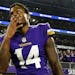 Vikings receiver Stefon Diggs (14) celebrated at the end of the game. Diggs scored a 61-yard touchdown to win the game. Minnesota beat New Orleans by 