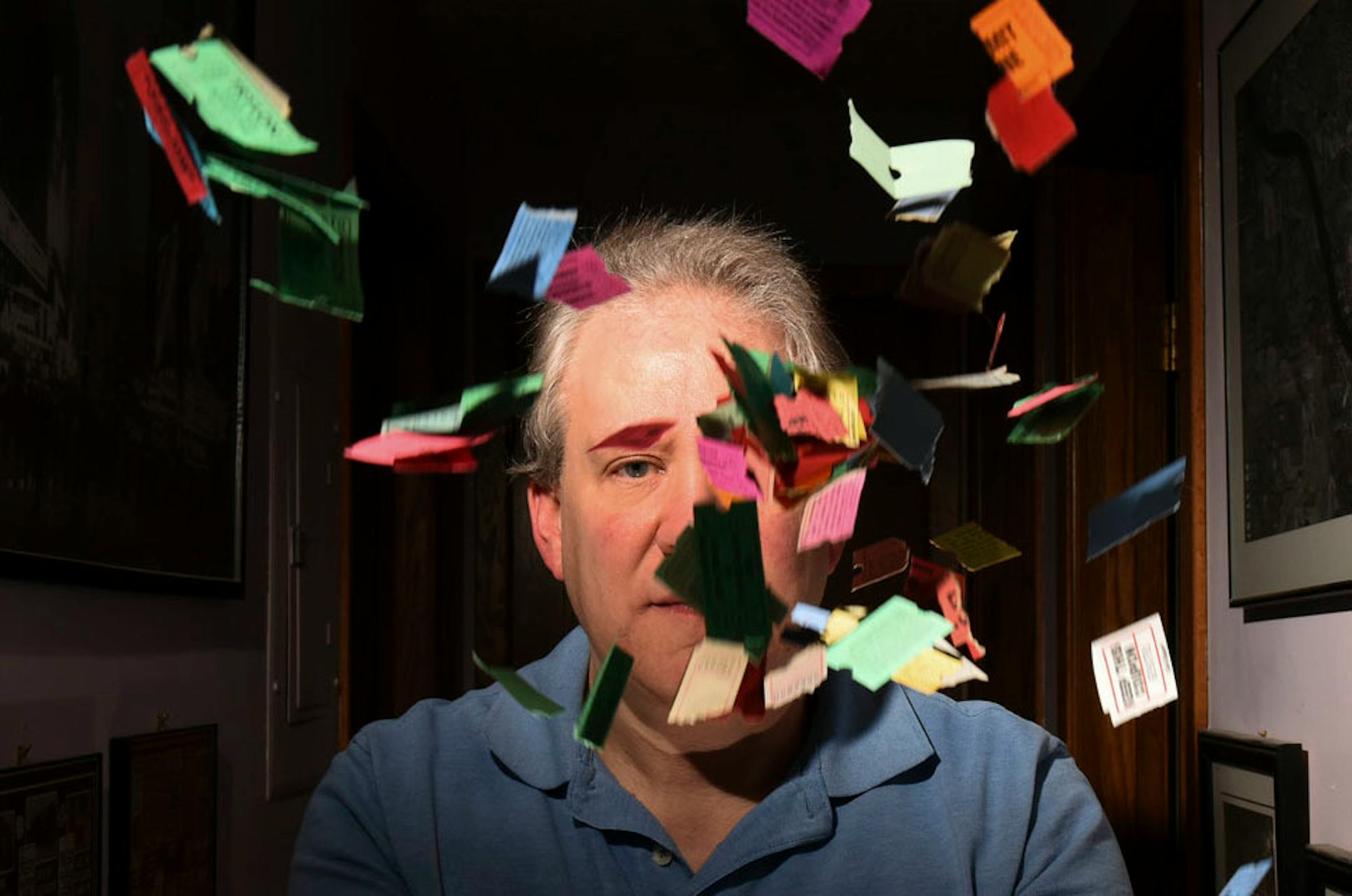 Daniel Taradash tossed some of his ticket stubs in the air for a portrait in his Champlain home Friday afternoon. ] Aaron Lavinsky ´ aaron.lavinsky@startribune.com Daniel Taradash is one of the most avid moviegoers in town. He sees a couple hundred films a year; he's been going to movies once a week, in the theaters, since he was about 8 or 9 years old. And he has evidence to prove it: hundreds of saved movie ticket stubs, some going back to when admission was only $2. He also has a movie log wi