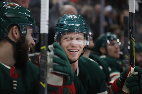 The Minnesota Wild's Eric Staal finished with hat trick in an 8-3 win against the St. Louis Blues at the Xcel Energy Center in St. Paul, Minn., on Tue