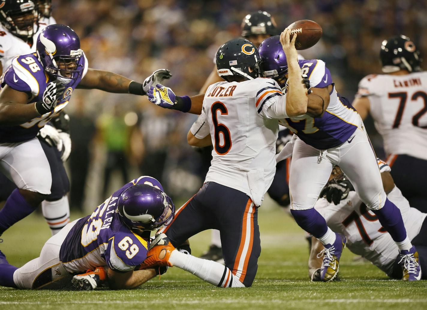 Vikings defensive end Jared Allen took Bears quarterback Jay Cutler down by the ankles for the sack, but Everson Griffen hit him high and was called for unnecessary roughness in the fourth quarter.