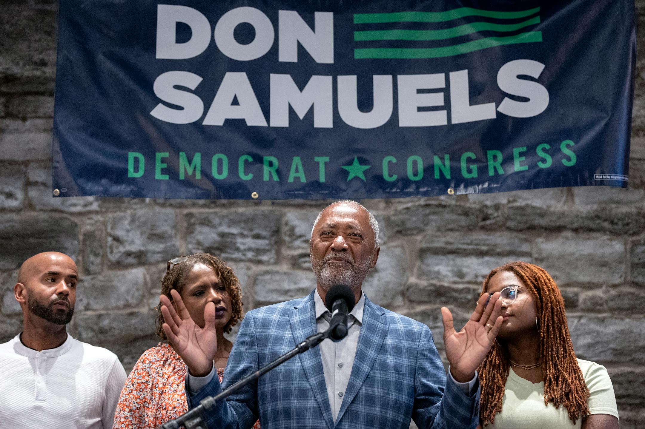 Don Samuels gives a concession speech at his primary election night watch party.