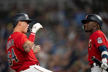 Jose Miranda and Nick Gordon of the Twins celebrated after Miranda’s 15th home run of the season Tuesday night at Target Field.