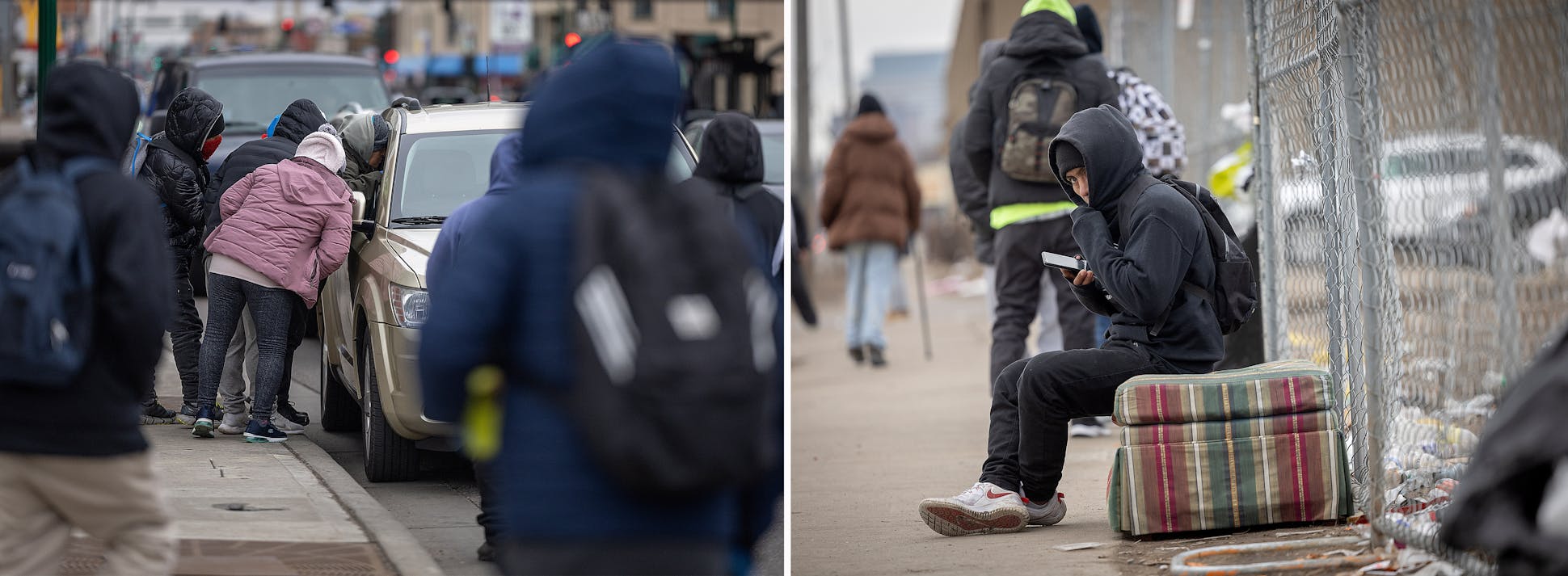 Left: Ecuadorians scrambled to a stopped car, hoping to get chosen for work in Minneapolis on Feb. 9. Right: An Ecuadorian waited on a street corner with hopes of flagging down work in Minneapolis on Feb. 7.