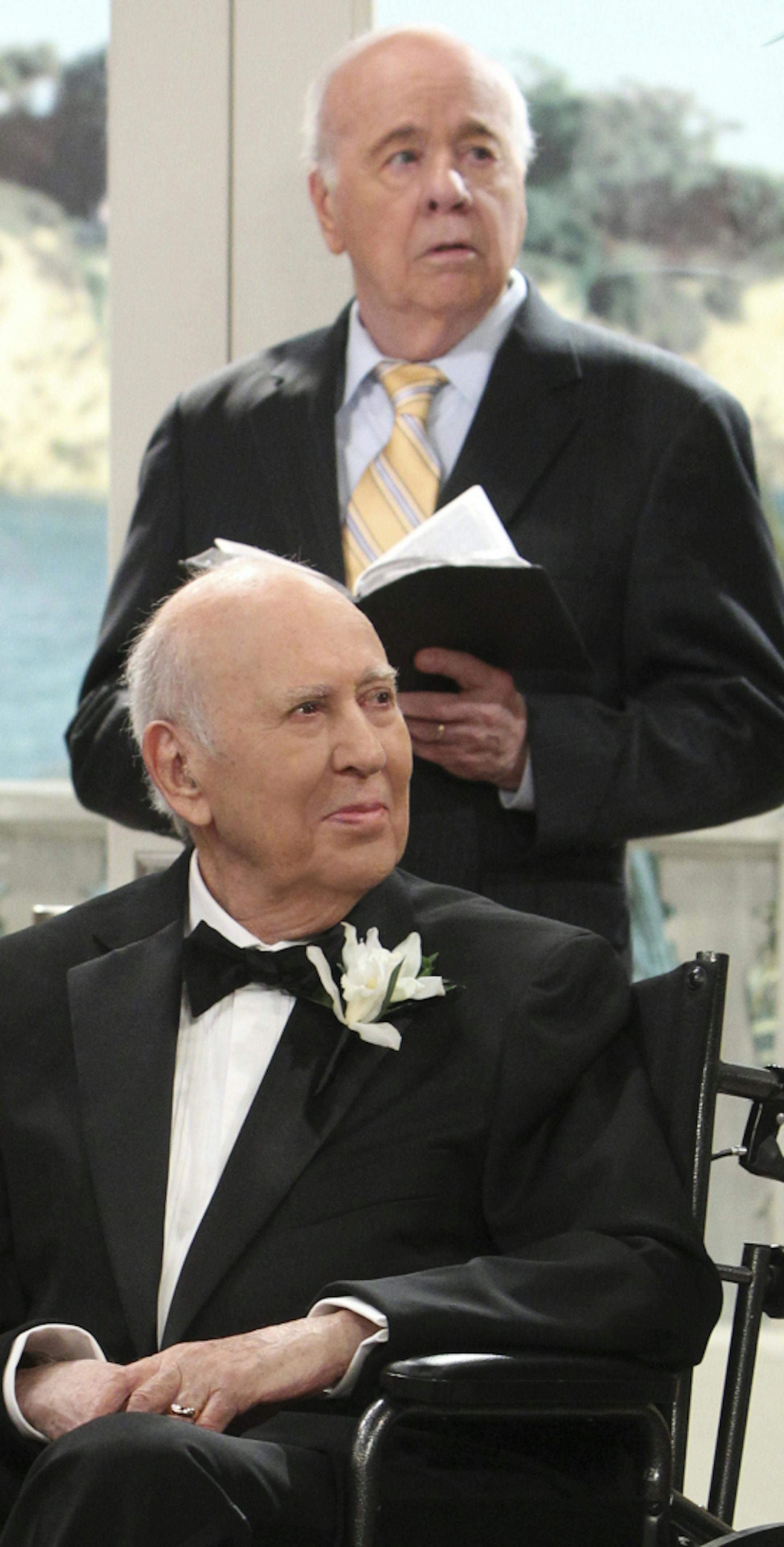 "Bite Me, Supreme Court" --Multi-millionaire Marty Pepper proposes to Evelyn. In advance of their upcoming nuptials, Walden and Alan throw Marty a bachelor party on TWO AND A HALF MEN, Thursday, Jan. 30 (9:30-10:00 PM, ET/PT) on the CBS Television Network. Pictured L-R: Holland Taylor as Evelyn Harper, Tim Conway, and Carl Reiner as Marty Pepper Photo: Sonja Flemming/CBS √É?√Ç¬©2014 CBS Broadcasting, Inc. All Rights Reserved