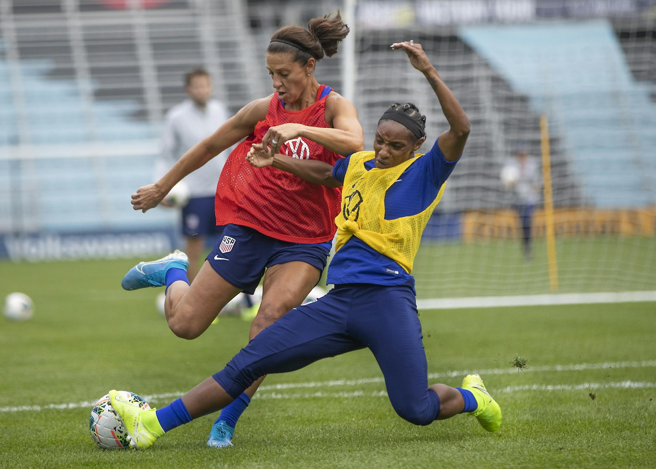 U.S. women's national team midfielder Carli Lloyd, left, and Crystal Dunn, battled for the ball as they practiced at Allianz Field, Monday, September 2, 2019 in St. Paul, MN. They will play a friendly game against Portugal on Tuesday.