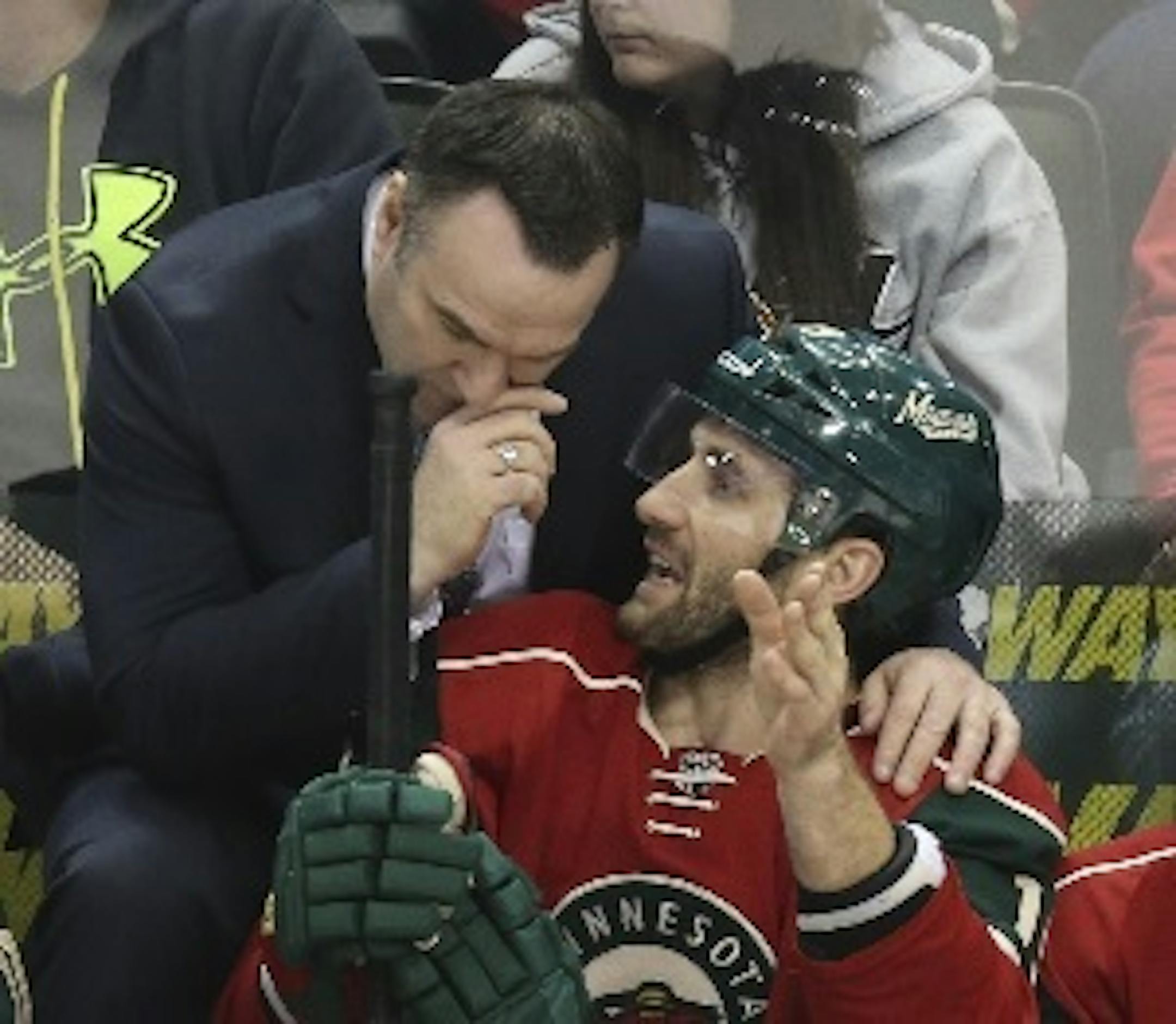 Jarret Stoll, a veteran of 868 NHL games, conferred with Wild interim coach John Torchetti during the Feb. 28 victory over Florida. “He calms me down sometimes,’’ Torchetti said.