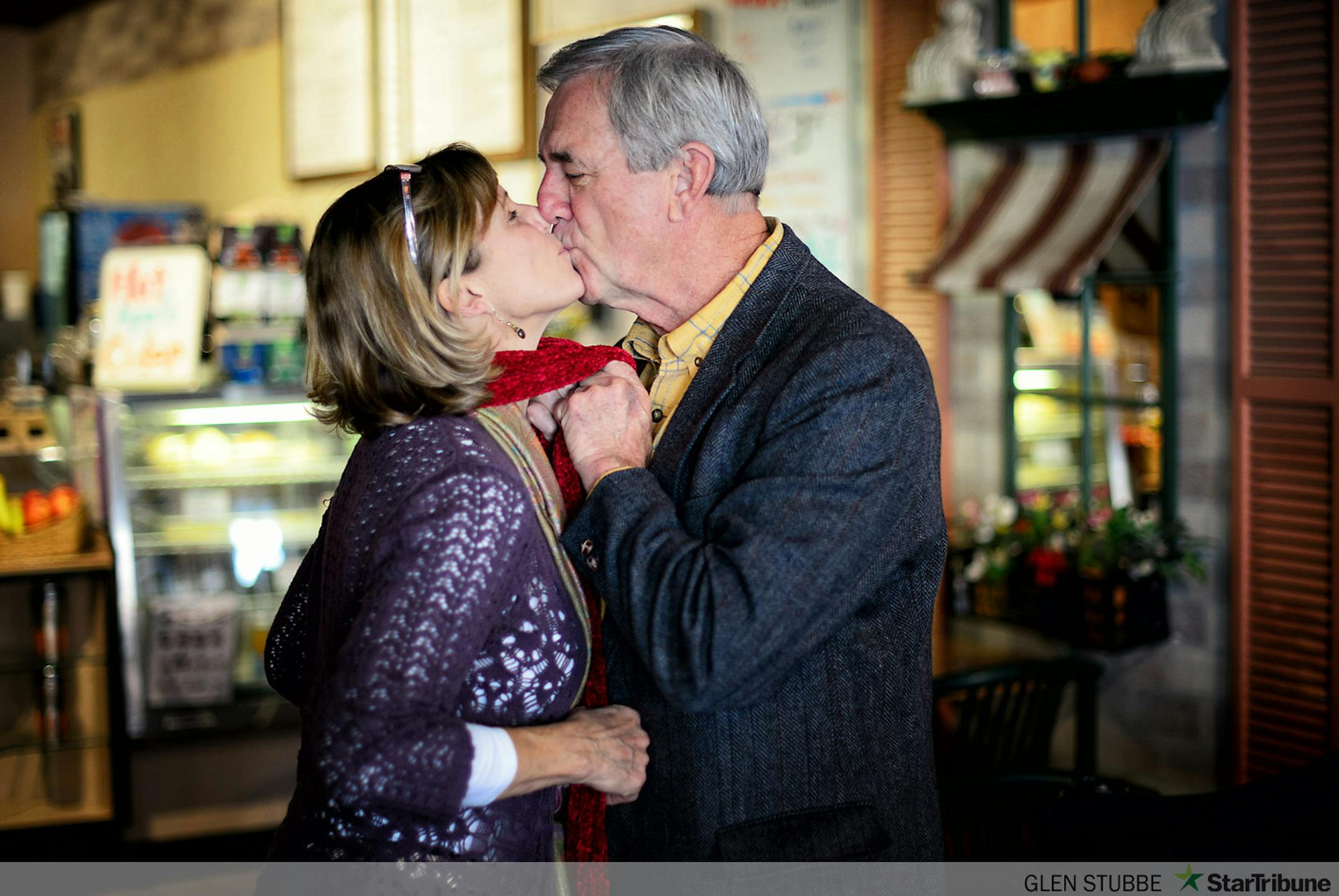 Congressman Rick Nolan helped his wife Mary  on with her scarf on a chilly Duluth morning then kissed her.       ]   GLEN STUBBE * gstubbe@startribune.com  Friday, October 31, 2014