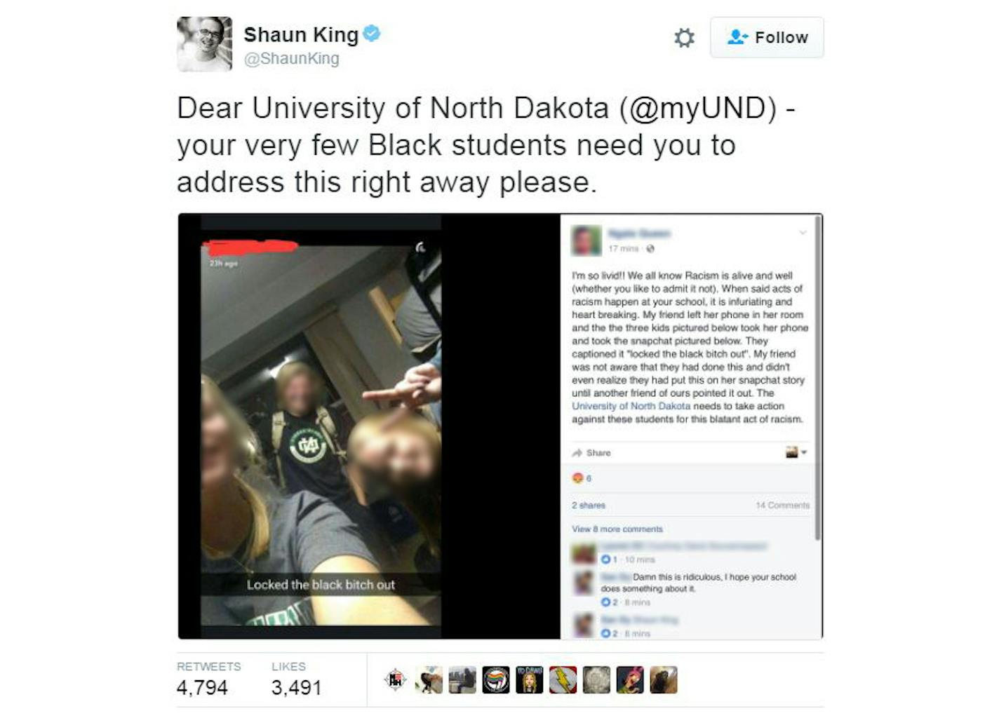 University of North Dakota officials deemed racist snapchat photos free speech after an investigation.