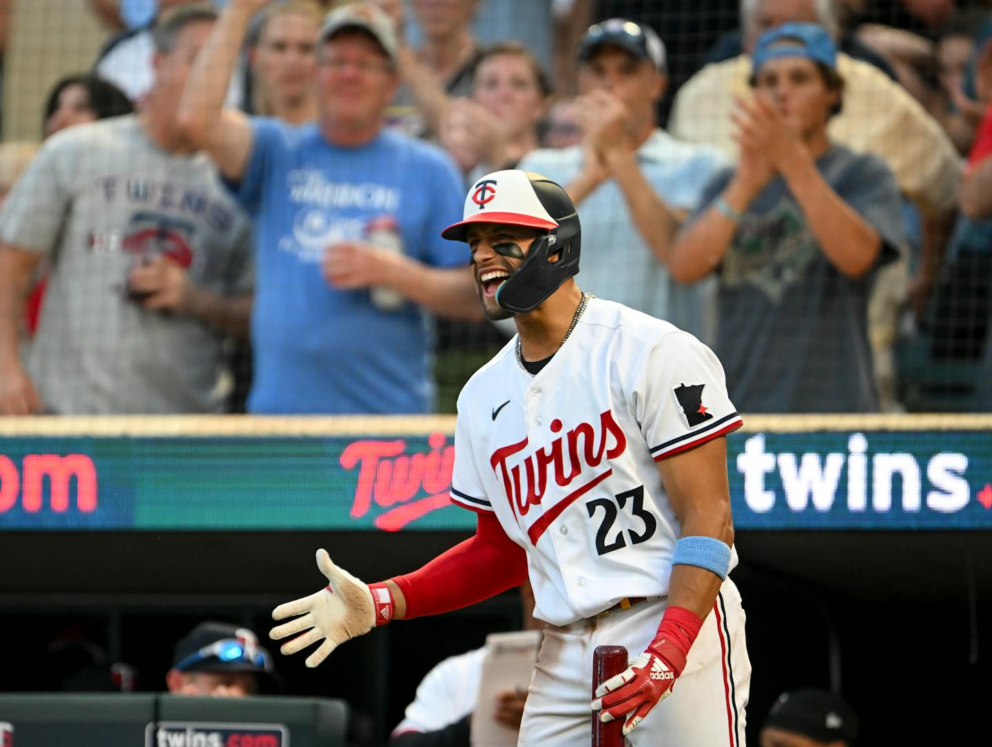 Minnesota Twins third baseman Royce Lewis (23) celebrates with right fielder Max Kepler (26) after Kepler hit a solo home run in the bottom of the sixth inning against the Boston Red Sox Wednesday, June 21, 2023, at Target Field in Minneapolis, Minn. ] AARON LAVINSKY • aaron.lavinsky@startribune.com