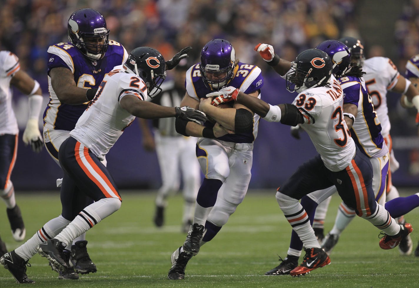 The Vikings' Toby Gerhart gained 24 ysrds on a first quarter run that brought the ball to the Chicago Bears 25 yard line. The Vikings kicked a field goal a few plays later. The Vikings faced the Chicago Bears in their final game of the NFL football season Sunday afternoon, January 1, 2012 at Mall of America Field in Minneapolis, Minn.