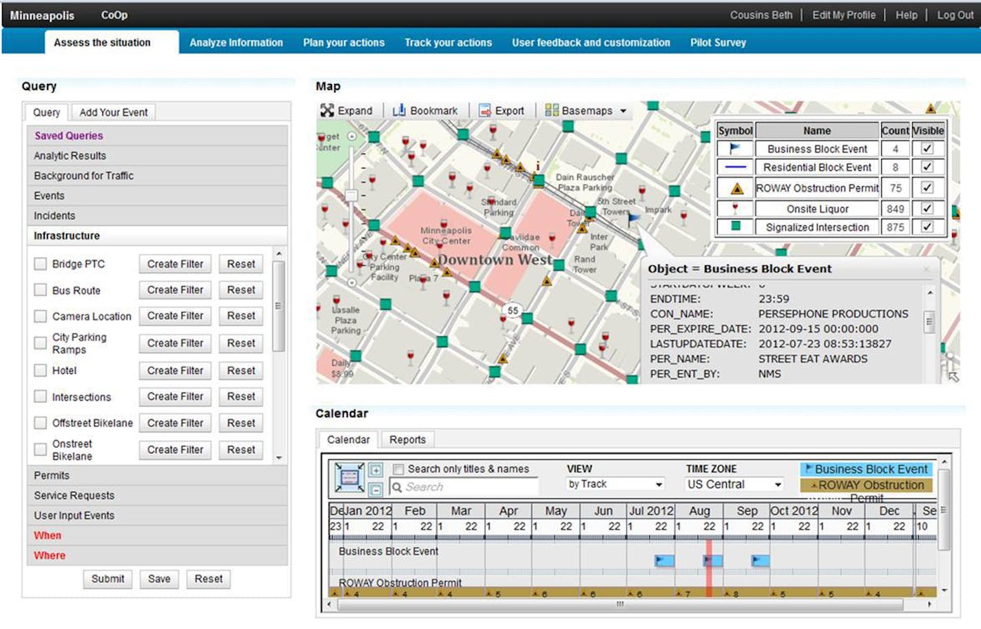 A screenshot of a pilot version of the Intelligent Operations Platform, which will be used by the City of Minneapolis to better analyze data. It's a core component of a $2.8 million agreement the city will soon sign with IBM.