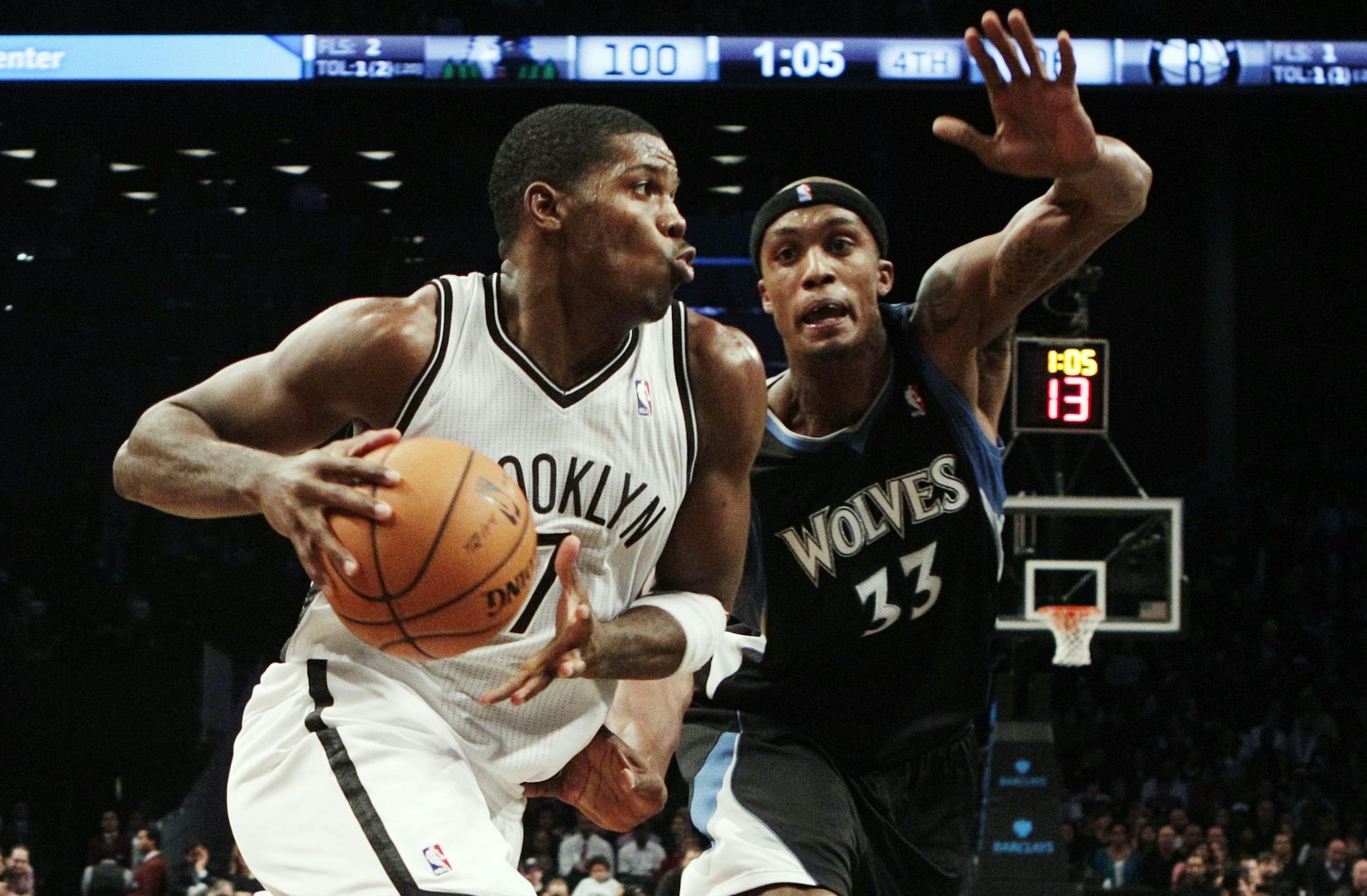 Timberwolves forward Dante Cunningham defended Brooklyn's Joe Johnson during the second half of the Wolves' comeback victory in New York.