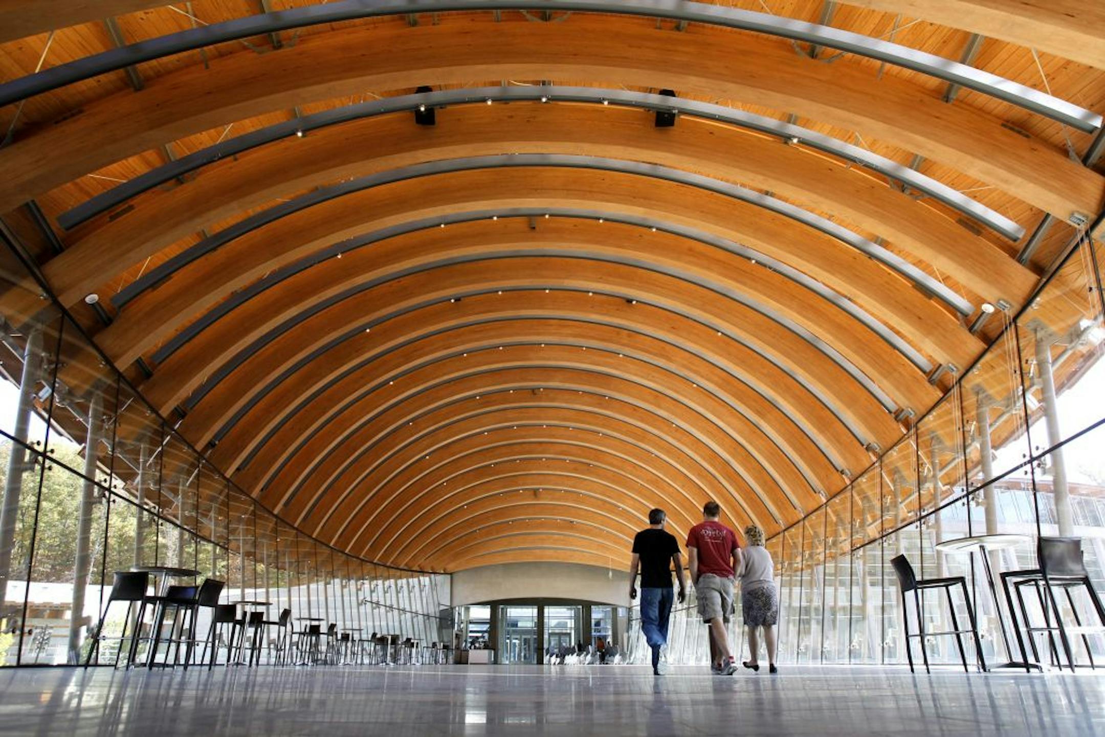 Arched wood beams form the ceiling of the cafe at the Crystal Bridges Museum of American Art in Bentonville, Arkansas.
