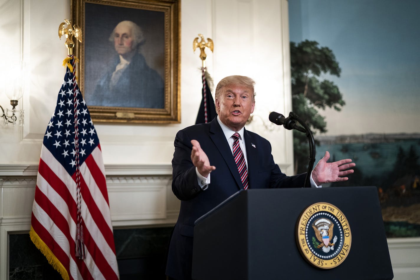 President Donald Trump gestures during an event announcing additions to his list of potential Supreme Court nominees, in the Diplomatic Room of the White House in Washington, Wednesday, Sept. 9, 2020. Trump also responded to questions about his acknowledging, to the journalist Bob Woodward, that he knowingly played down the coronavirus earlier this year even though he was aware it was "deadly" and vastly more serious than the seasonal flu. (Doug Mills/The New York Times)