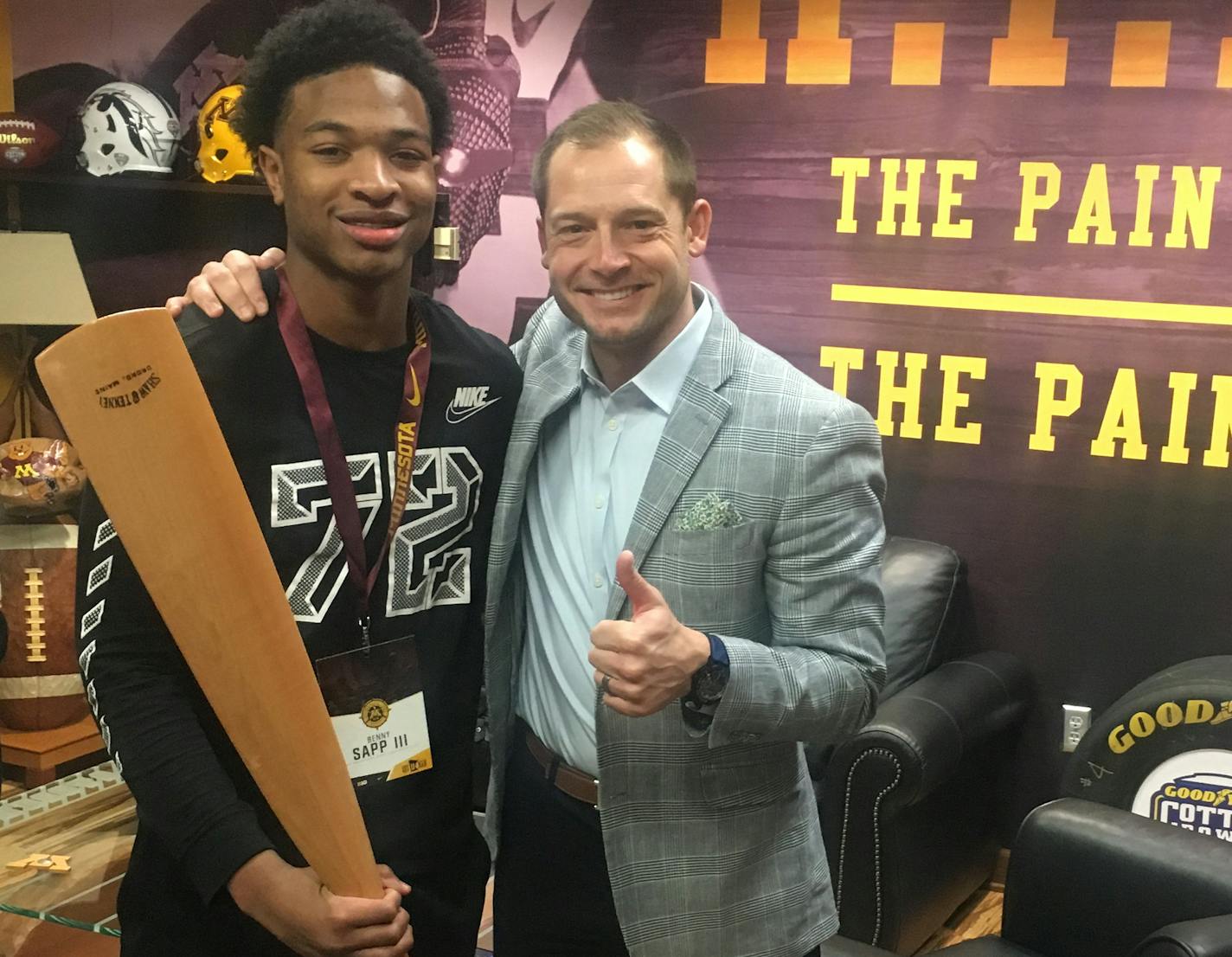 Benny Sapp III after he committed to the Gophers football team with coach P.J. Fleck. Sapp, the son of former Vikings player Benny Sapp, is junior at Eden Prairie and had offers from Alabama, Clemson, Ohio State and other top schools as a freshman before he tore his ACL in left knee twice. (contributed photo) ORG XMIT: MIN1702161842580457