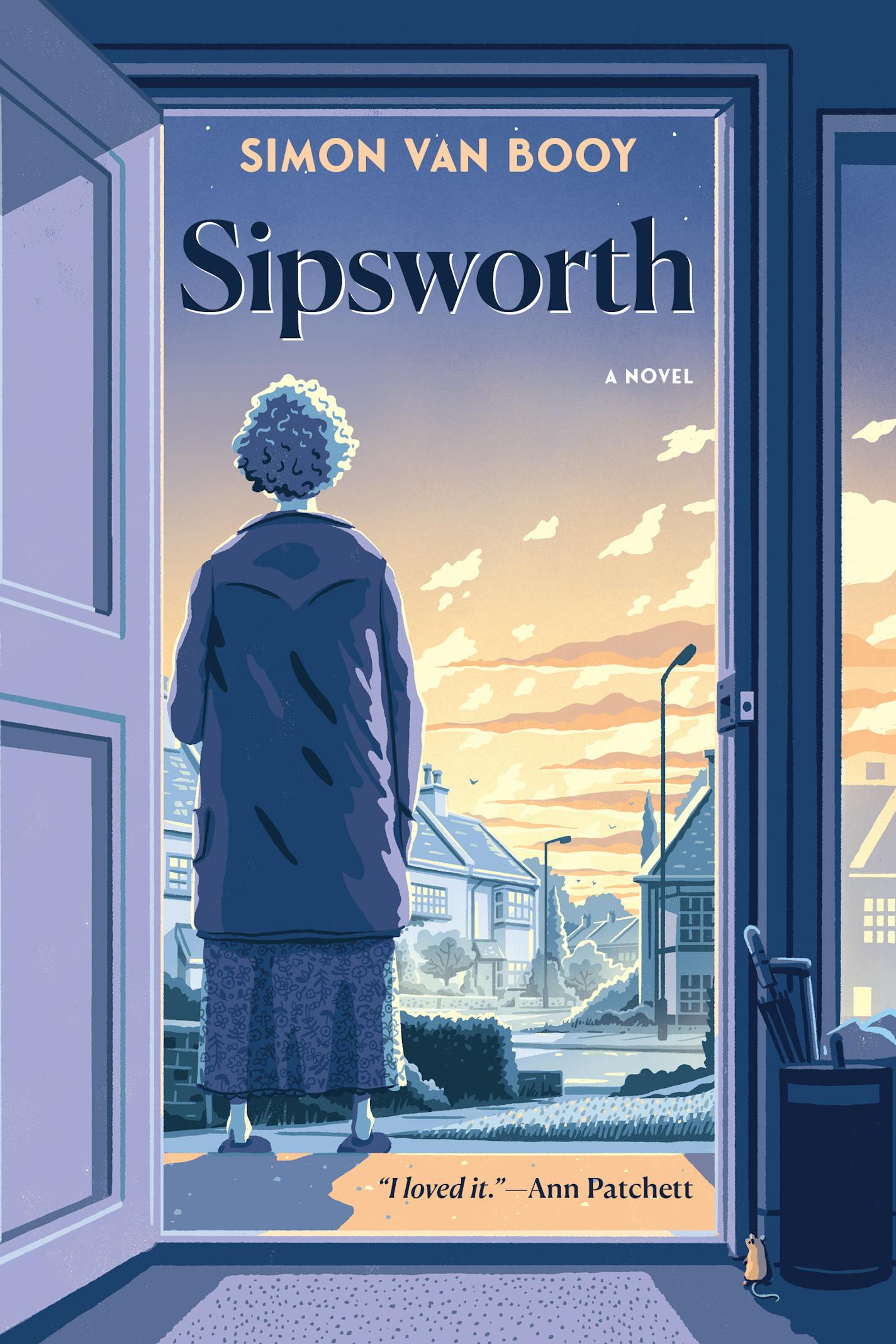 cover of "Sipsworth" is a painting showing, from the rear, an elderly woman and a mouse looking out a doorway