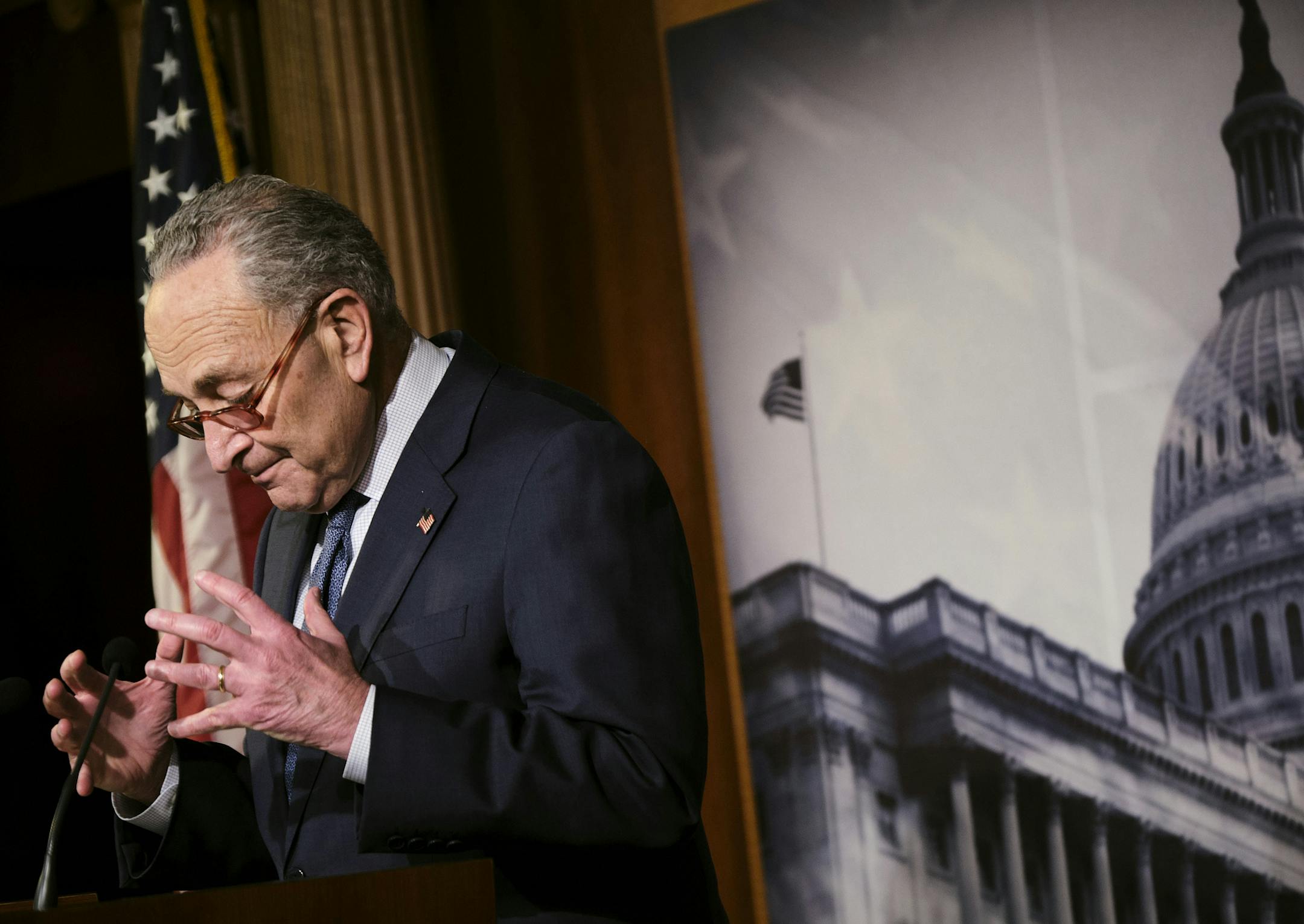 Senate Minority Leader Sen. Chuck Schumer (D-N.Y.) addresses a news conference after the Senate voted to acquit President Donald Trump on all articles of impeachment in Washington on Wednesday, Feb. 5, 2020. (T.J. Kirkpatrick/The New York Times)
