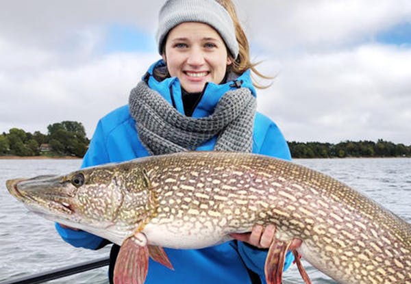 Maddy Ogg of Sartell, MInn, with the state catch-and-release record northern pike that measured 43 1/2 inches that she caught on Lake Mille Lacs on Oc