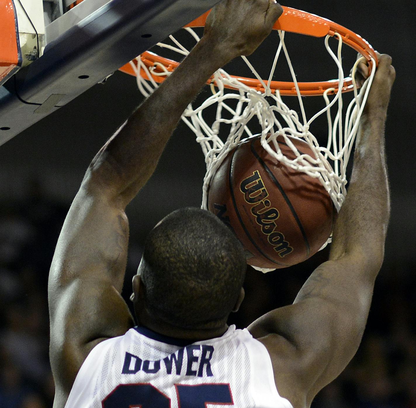 Gonzaga's Sam Dower (35) dunks against Pepperdine in the first half of an NCAA college basketball game, Thursday, Feb. 7, 2013, in Spokane, Wash. (AP Photo/Jed Conklin)