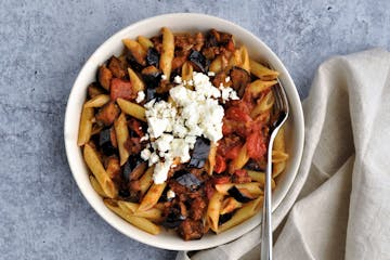 Spicy Eggplant Pasta combines the flavors of Italy and Greece in one decadent dish. Photo and recipe by Meredith Deeds, Special to the Star Tribune