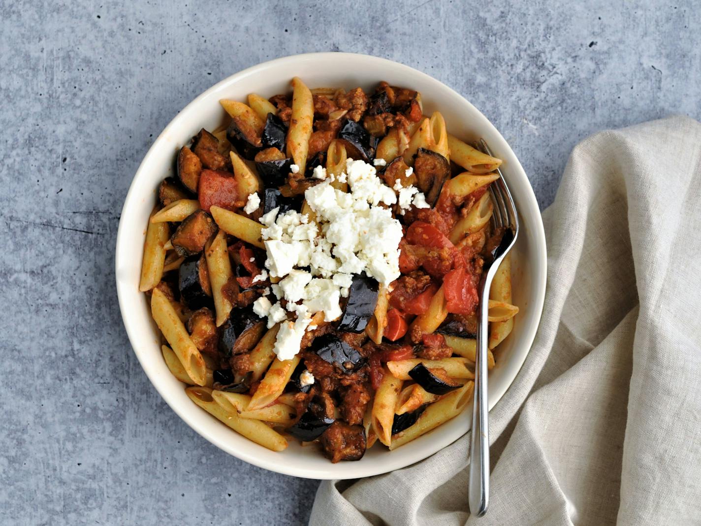 Spicy Eggplant Pasta combines the flavors of Italy and Greece in one decadent dish. Photo and recipe by Meredith Deeds, Special to the Star Tribune