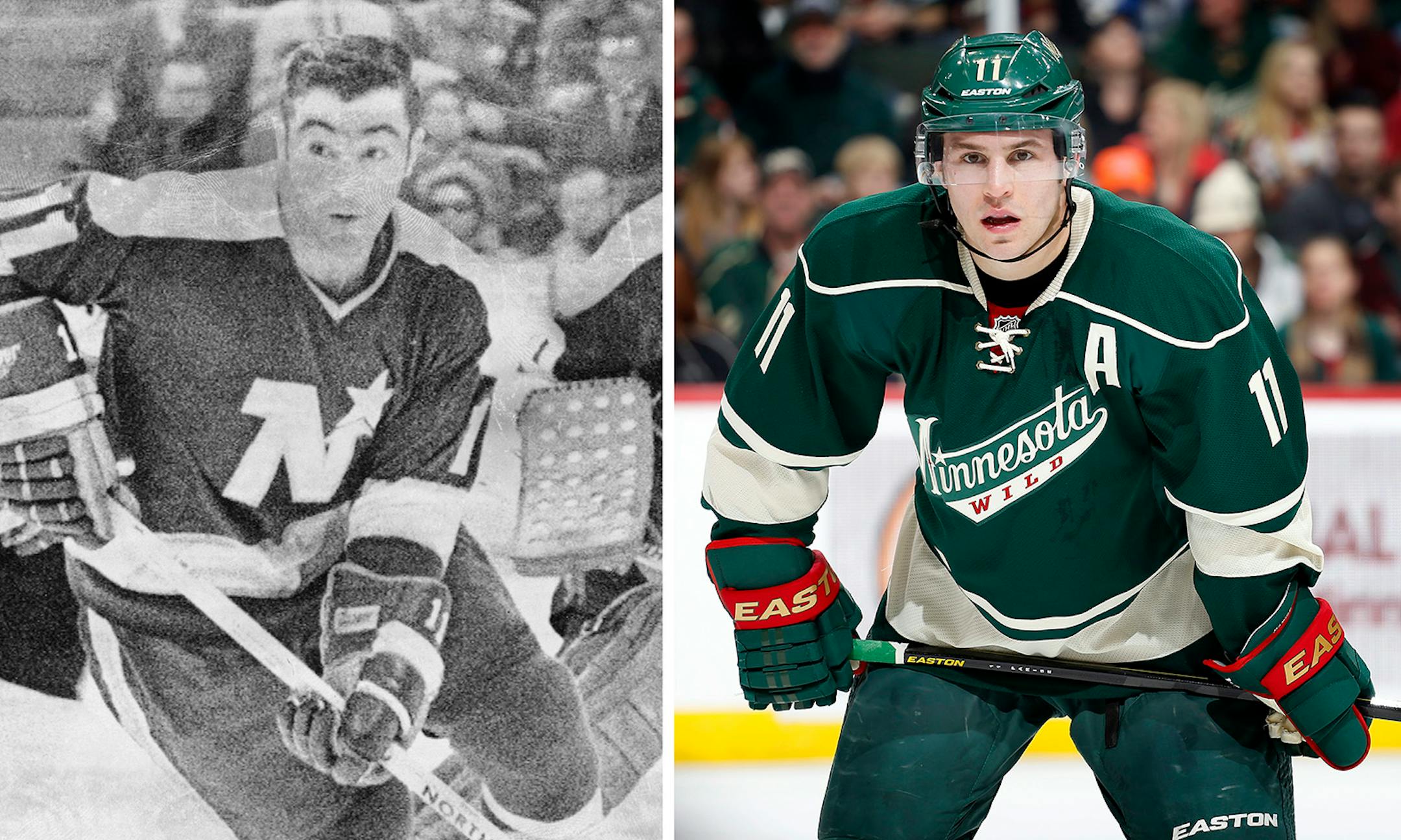 J.P. Parise, left, of the North Stars and son Zach of the Wild.