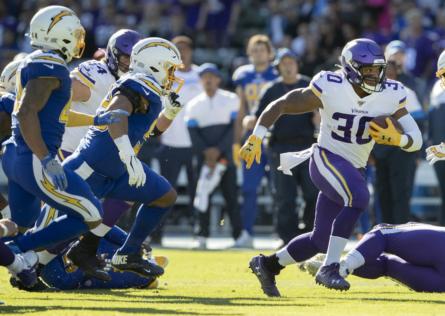 Minnesota Vikings C.J. Ham (30). ] CARLOS GONZALEZ • cgonzalez@startribune.com – Carson, CA – December 15, 2019, Dignity Health Sports Park, NFL, Minnesota Vikings vs. Los Angeles Chargers ORG XMIT: MIN1912161158498307