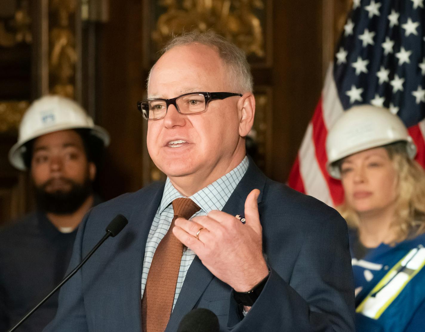 Governor Tim Walz and Lieutenant Governor hold a press conference to announce major energy and climate policy initiatives Monday, March 4, 2019 in Minneapolis, Minn. (Glen Stubbe/Minneapolis Star Tribune/TNS) ORG XMIT: 1277306