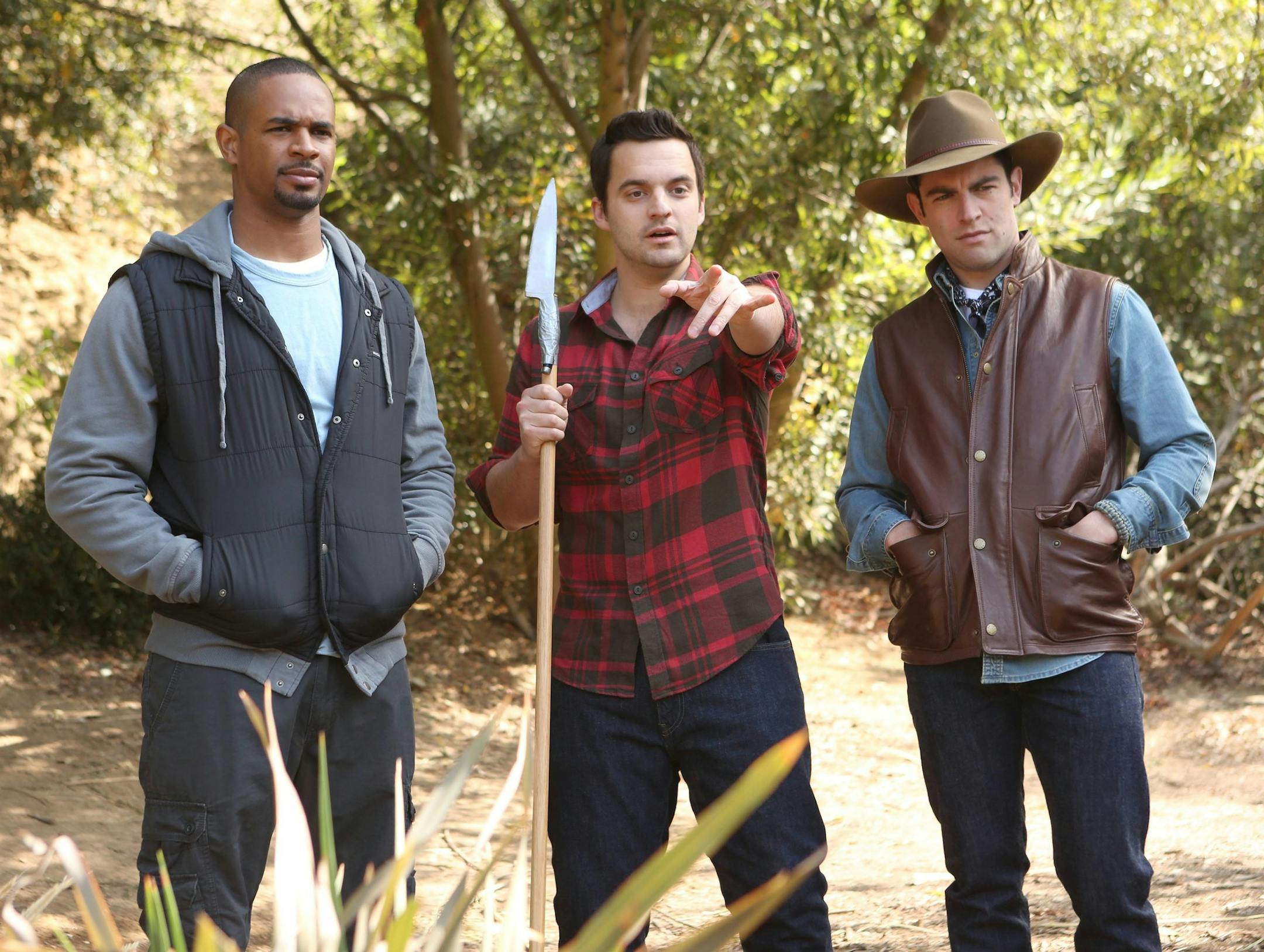 NEW GIRL: Nick (Jake Johnson, C) tries out his survival skills by attempting to catch a fish when the gang goes on a camping trip for Thanksgiving in the "Thanksgiving III" episode of NEW GIRL airing Tuesday, Nov. 26 (9:00-9:30 PM ET/PT) on FOX. Also pictured: Max Greenfield (R) and guest star Damon Wayans, Jr., L. ©2013 Fox Broadcasting Co. Cr: Adam Taylor/FOX