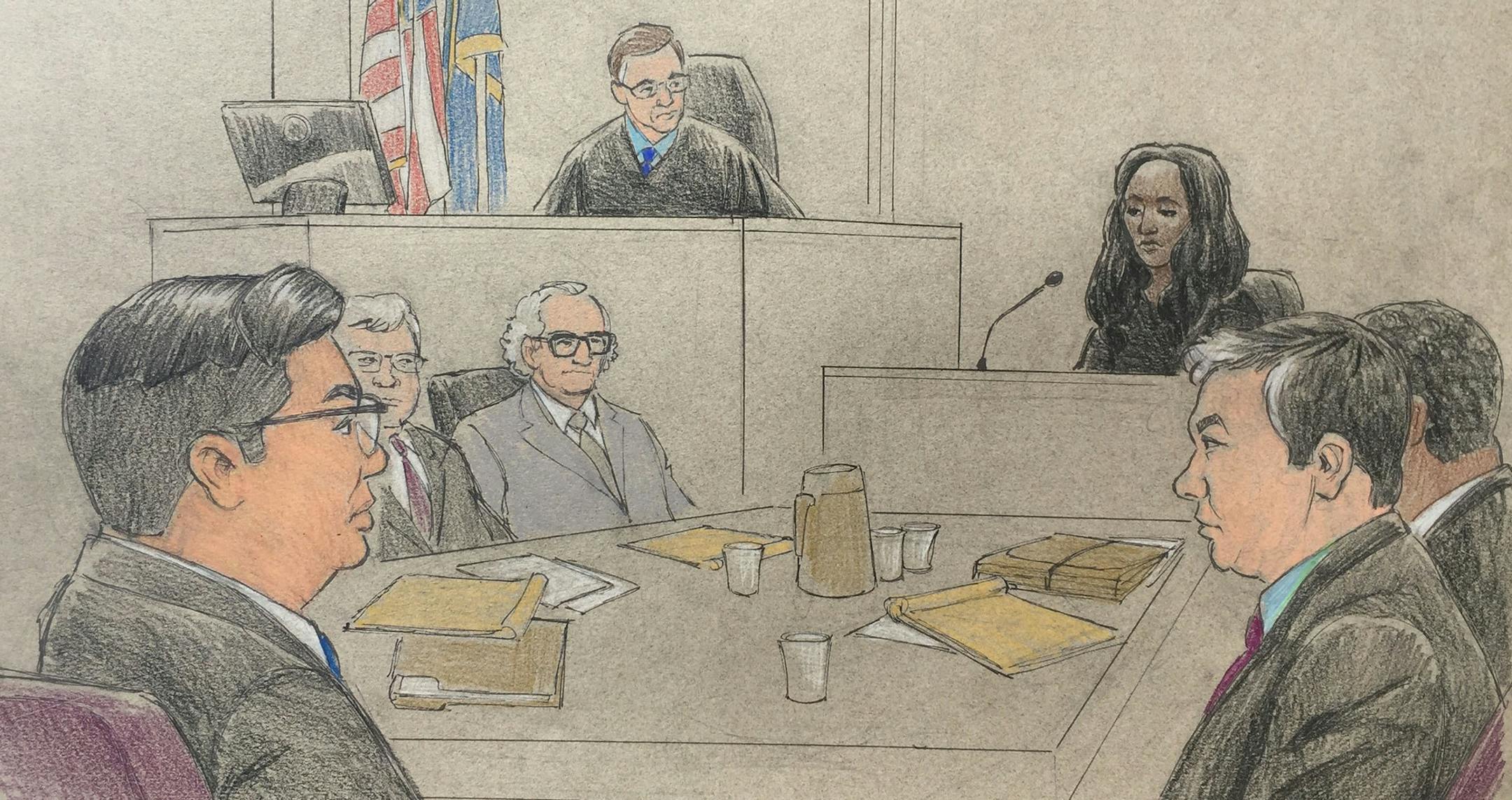 Flanked by the defense and prosecutuion, Jeronimo Yanez, left, looks on as Diamond Reynolds testifies in his manslaughter trial for the death of Philando Castile. (Sketch by Cedric Hohnstadt) ORG XMIT: MIN1706061257040023