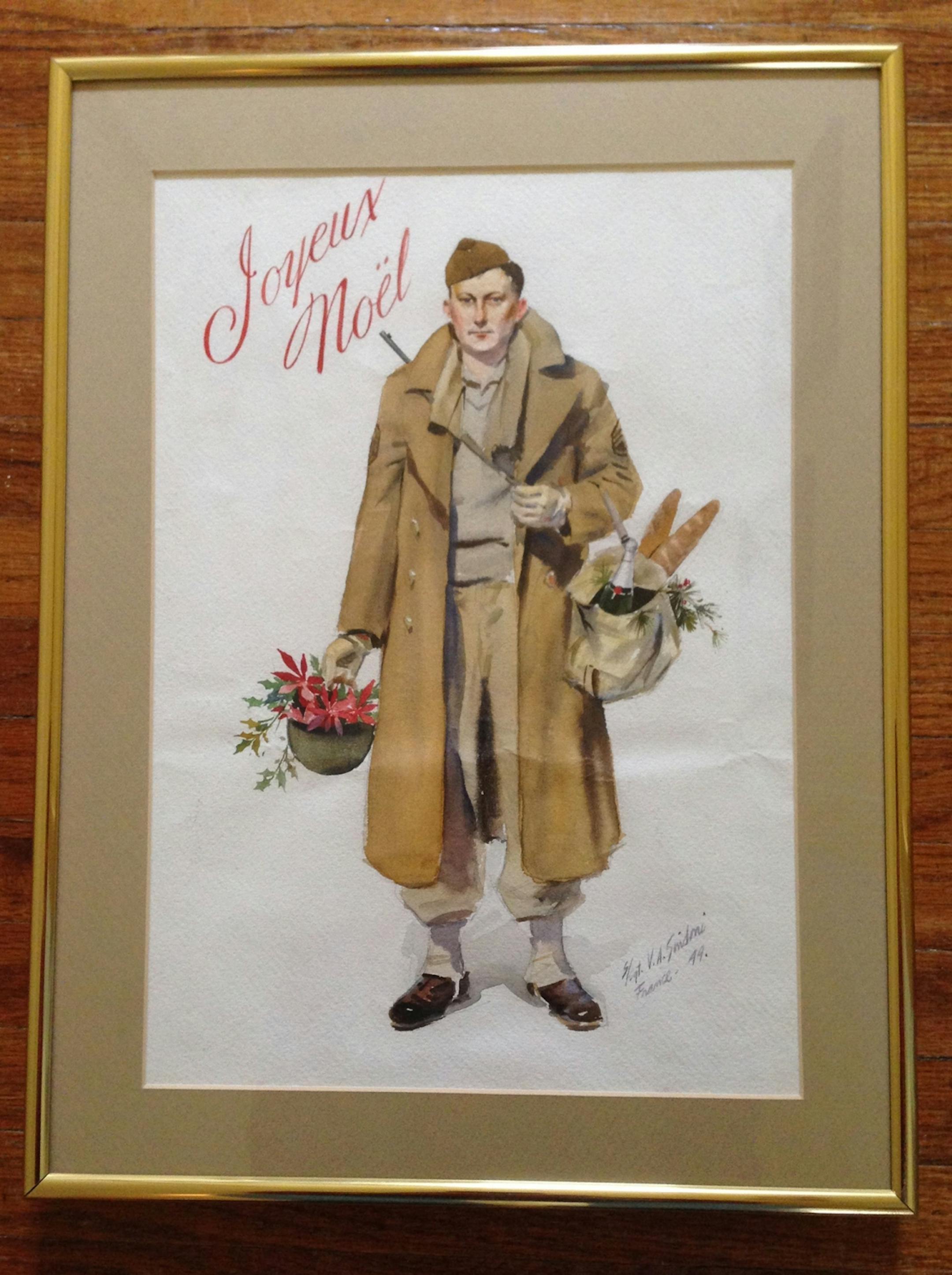 Sue Ellingsen treasures this watercolor of her father, Grand Amundson, who sent it to his future wife, Pat, on Christmas Day 1945, when he was serving in Europe and she was in Minnesota. He's pictured carrying bread and wine, with poinsettias in his helmet.