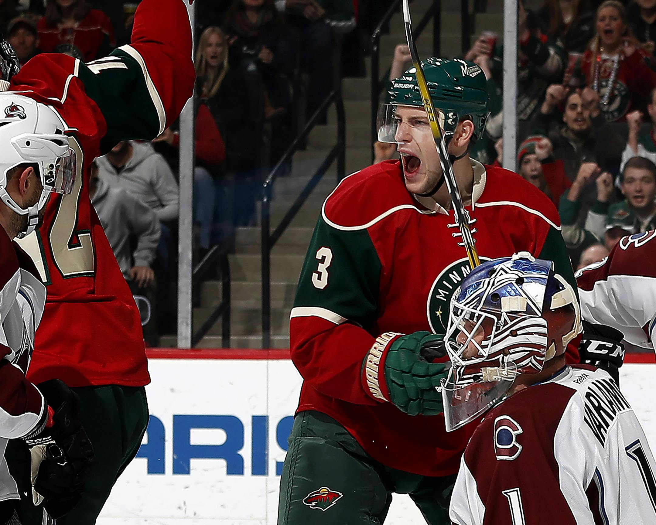 Charlie Coyle (3) celebrated after scoring a goal in the first period ] CARLOS GONZALEZ cgonzalez@startribune.com - December 20, 2016, St. Paul, MN, Xcel Energy Center, NHL, Minnesota Wild vs. Colorado Avalanche