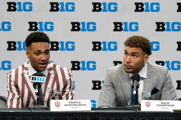 Trayce Jackson-Davis, left, and Minnesota native Race Thompson spoke about Indiana’s expectations Tuesday at Big Ten Media Days at Target Center.