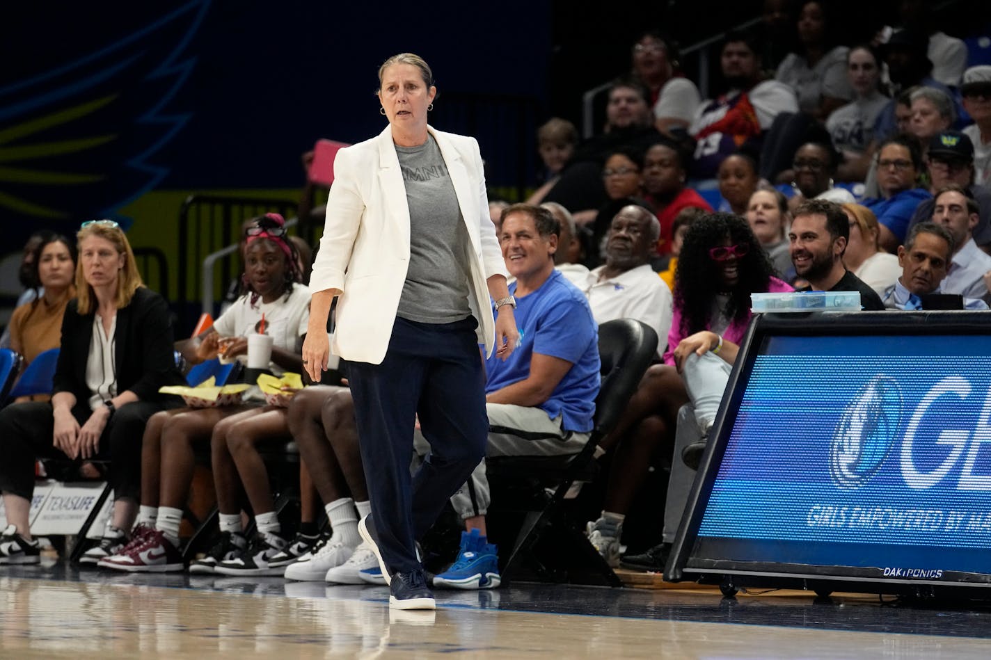 Minnesota Lynx head coach Cheryl Reeve watches play against the Dallas Wings during a WNBA basketball game, Thursday, Aug. 24, 2023, in Arlington, Texas. (AP Photo/Tony Gutierrez)