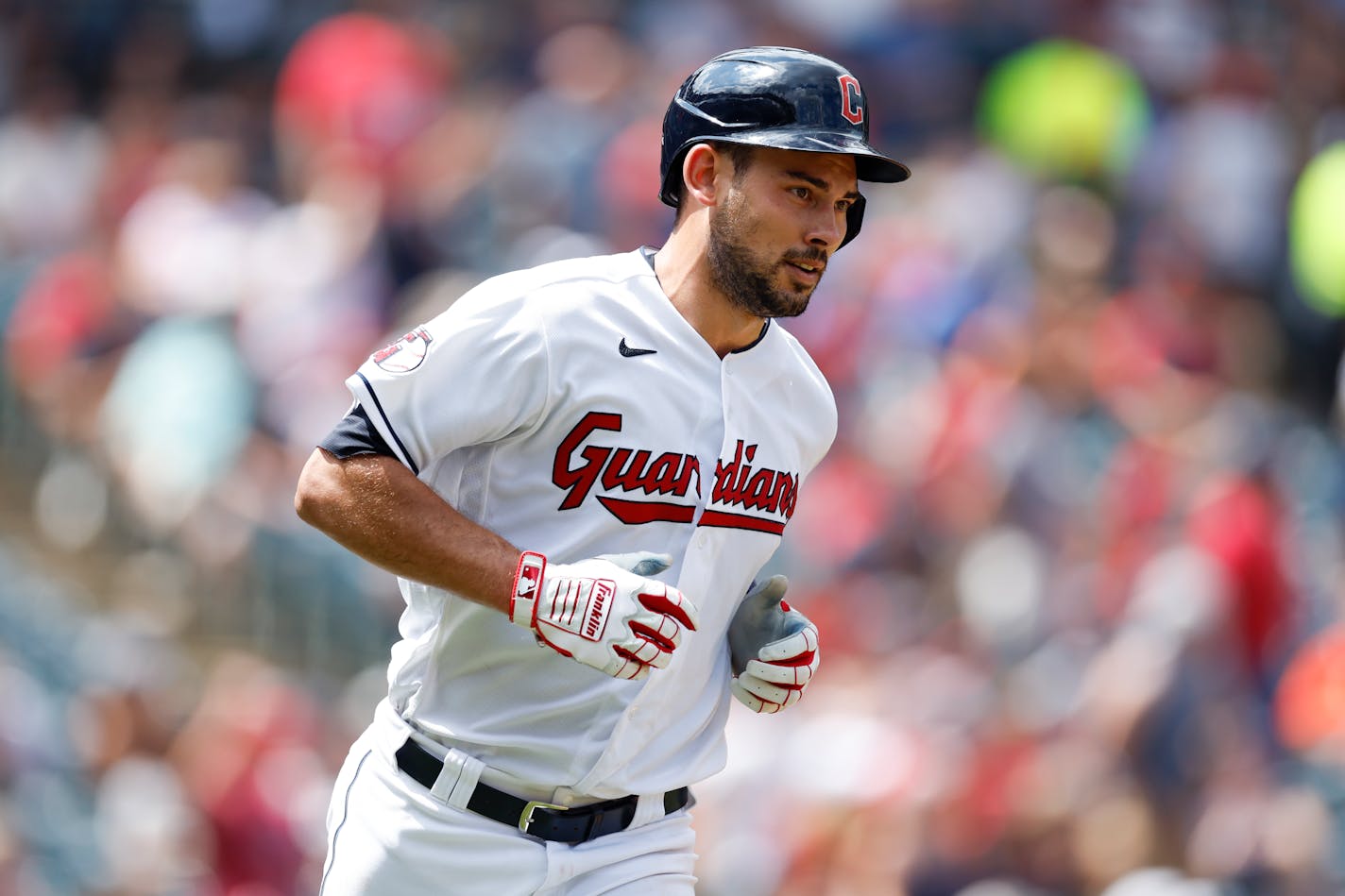 Cleveland Guardians' Luke Maile rounds the bases after hitting a solo home run off Houston Astros starting pitcher Cristian Javier during the fifth inning of a baseball game, Sunday, Aug. 7, 2022, in Cleveland. (AP Photo/Ron Schwane)