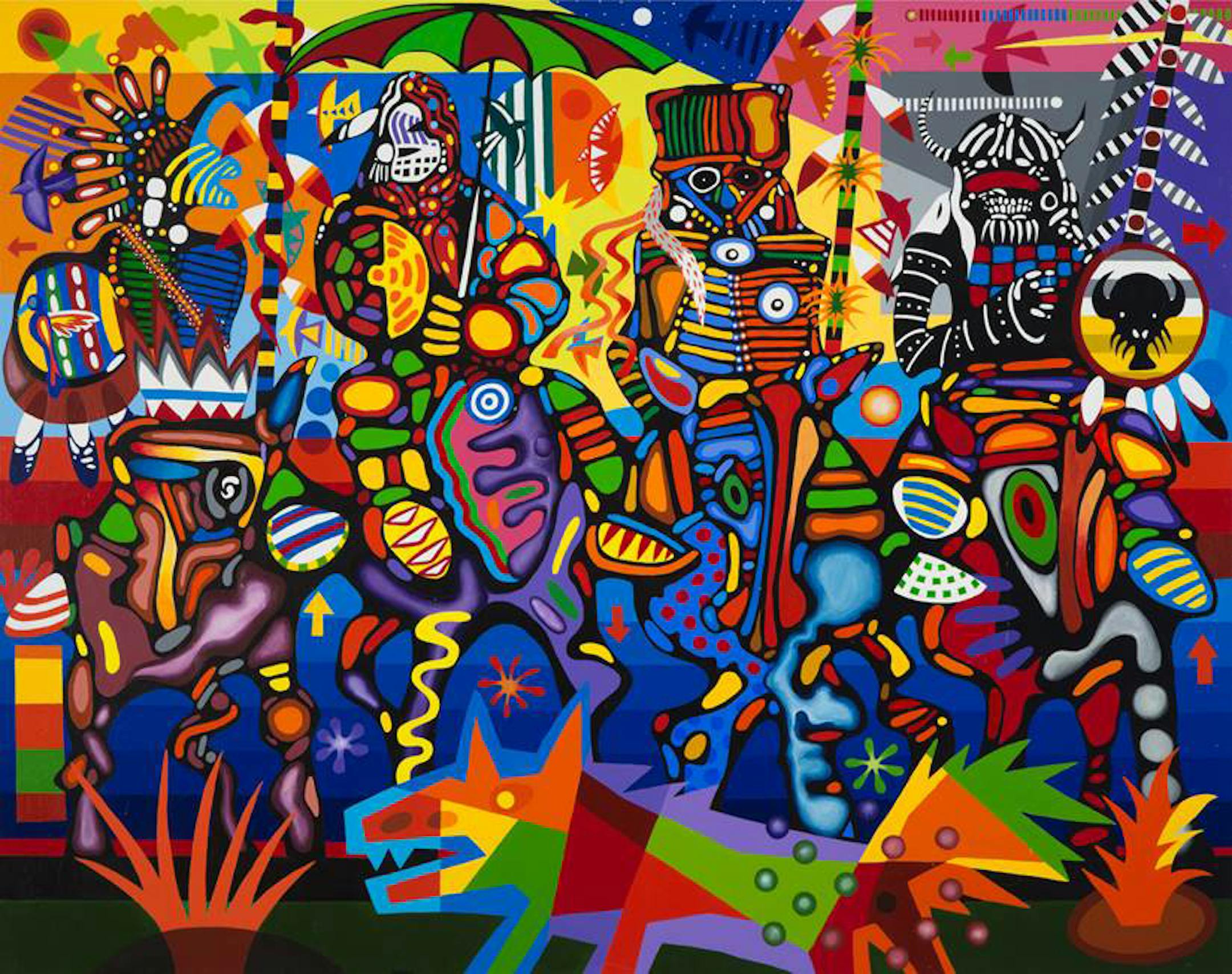 Art by Frank Big Bear: "Warriors on Horses with Electric Wolf"