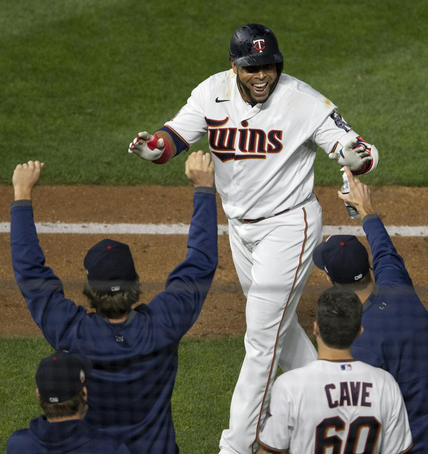 Minnesota Twins DH Nelson Cruz celebrated after hitting in the game winning RBI in the ninth inning. ] CARLOS GONZALEZ • cgonzalez@startribune.com – Minneapolis, MN – August 3, 2020, Target Field, MLB, Minnesota Twins vs. Pittsburgh Pirates