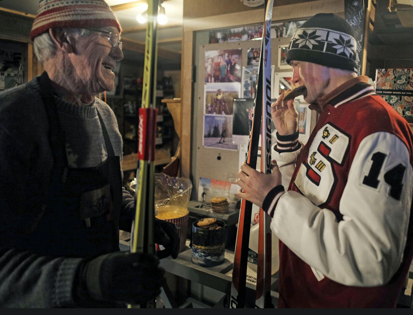 In the ski wax house at Bob Hagstrom's property in Grant Township, Hagstrom, a former volunteer coach for Jessie Diggins, provided cookies for the Stillwater athletes including captain Stefan Nelson,18.