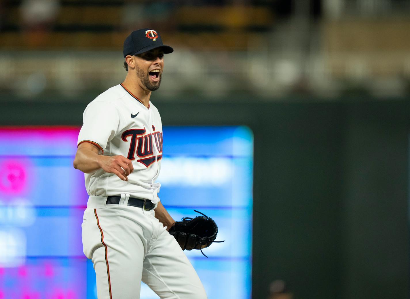 Minnesota Twins relief pitcher Jorge Lopez (48) reacted after striking out Boston Red Sox right fielder Alex Verdugo to end the game Monday night, August 29, 2022 at Target Field in Minneapolis. The Minnesota Twins defeated the Boston Red Sox 4-2 in an MLB game. ] JEFF WHEELER • Jeff.Wheeler@startribune.com