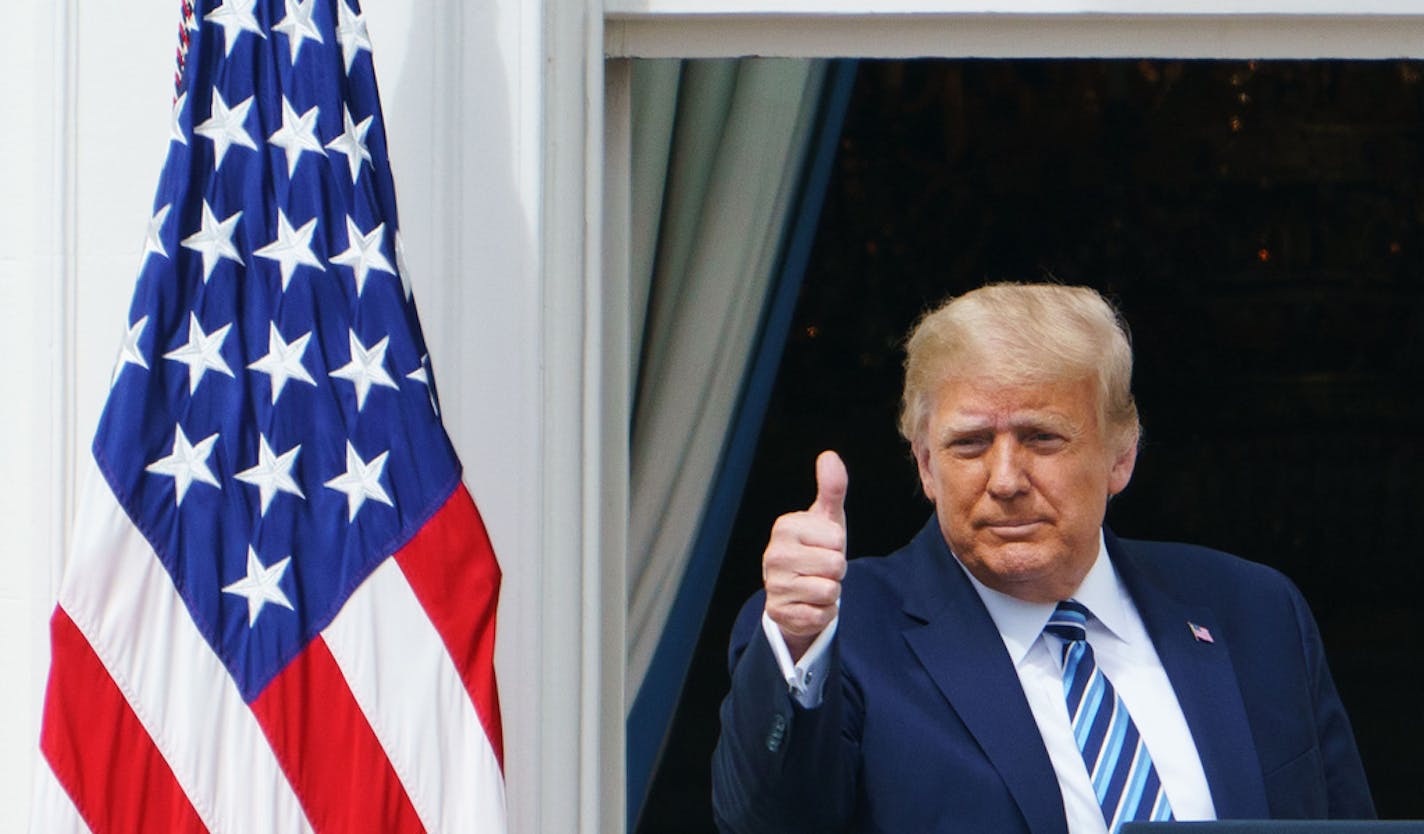 President Donald Trump greets supporters at the White House in Washington, DC, on October 10, 2020.