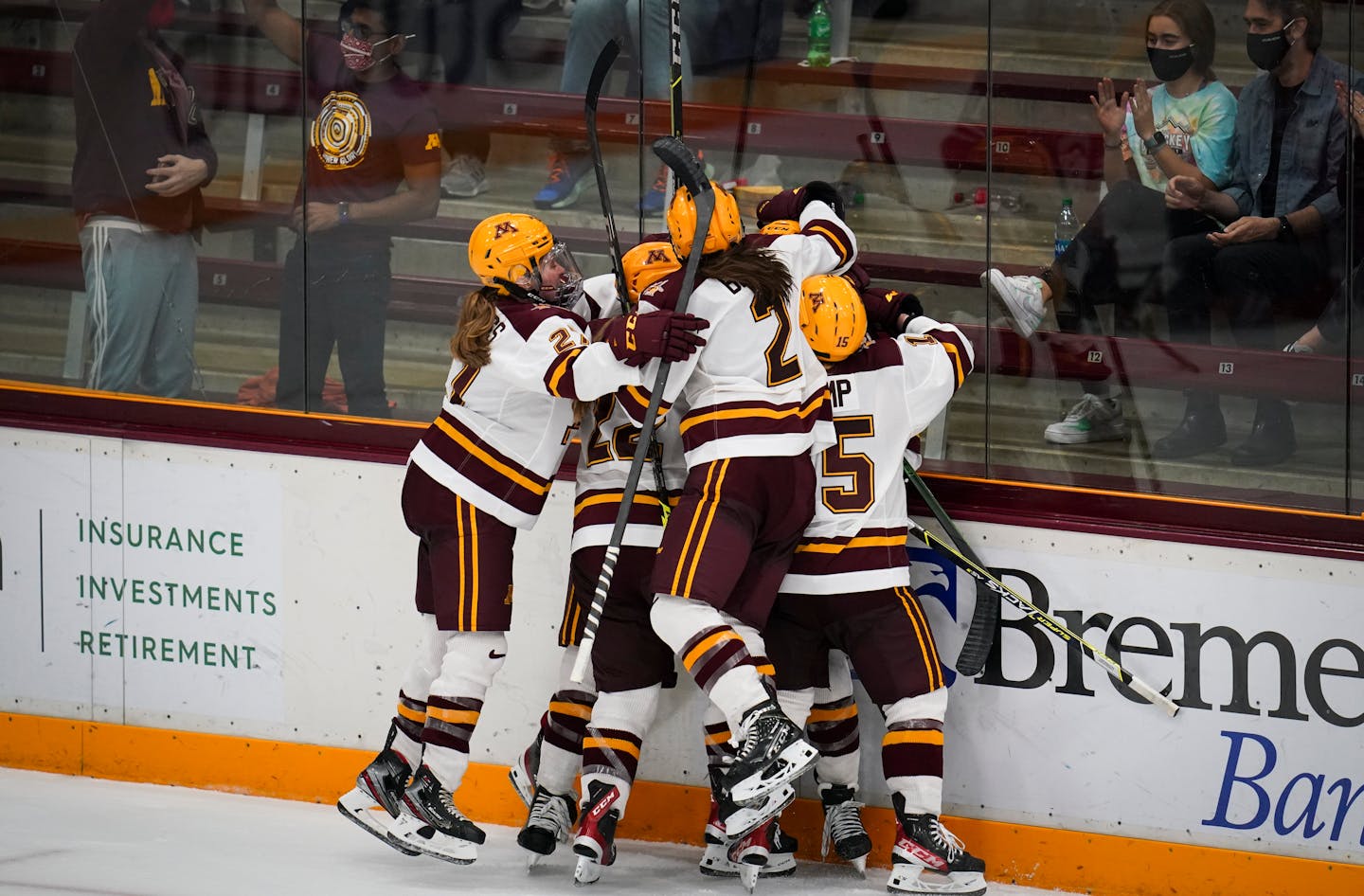 Teammates celebrated Gophers forward Taylor Heise (9) scoring during a game earlier this season at Ridder Arena