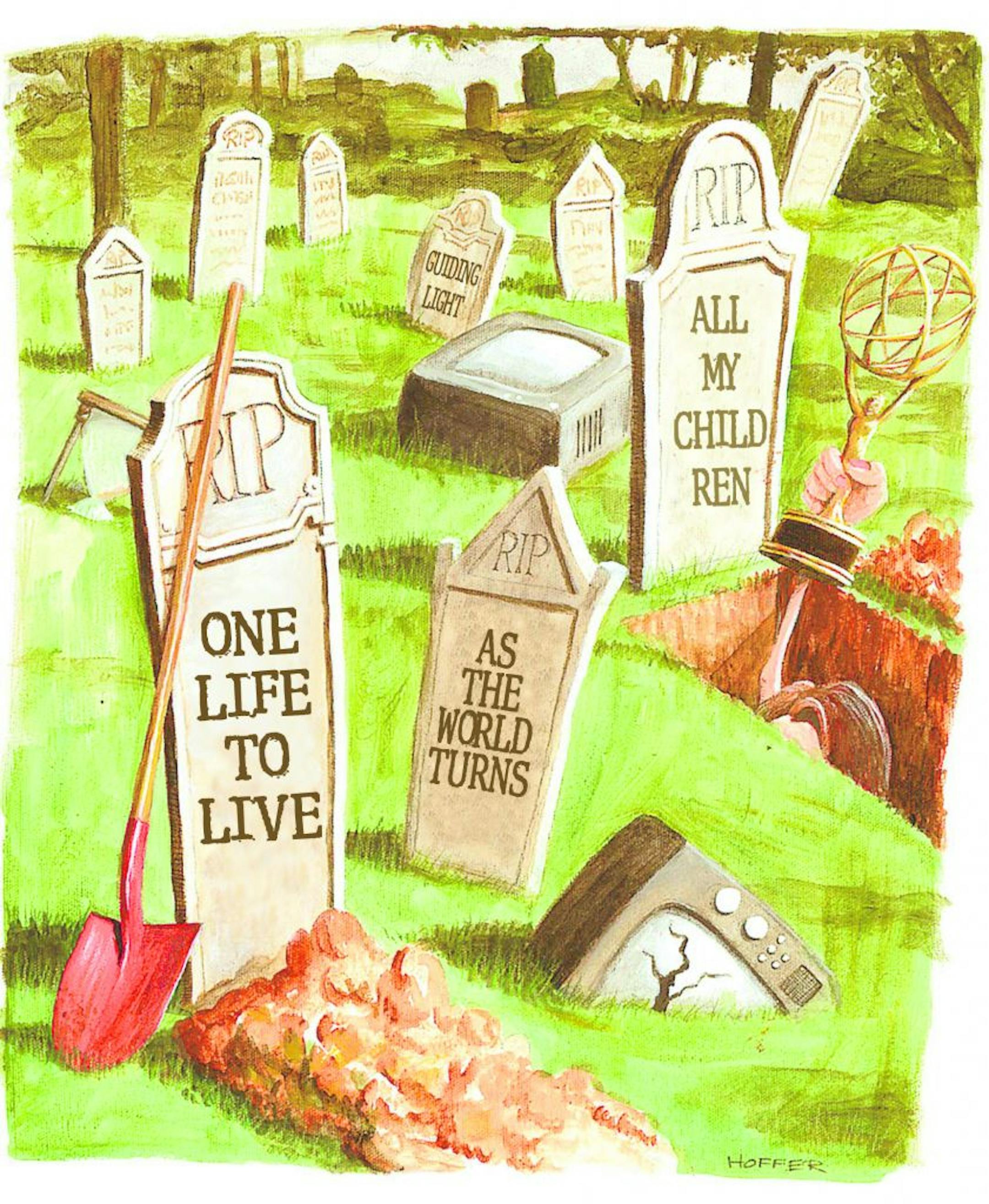 300 dpi 3 col x 7 in / 146x178 mm / 497x605 pixels Mark Hoffer color illustration of a cemetery with TVs and gravestones of famous soap opera stars: Susan Lucci, Hope Brady and Reva Shayne; Susan Lucci reaches out of the grave with her Emmy Award in her hand. Fort Worth Star-Telegram 2002 With BC- TV-DYINGSOAPS:FT, Fort Worth Star-Telegram by Miki Turner <p>KEYWORDS: dyingsoaps soap opera television illustration dyings soaps daytime soap tv television graveyard cemetery tombstone emmy shovel ha