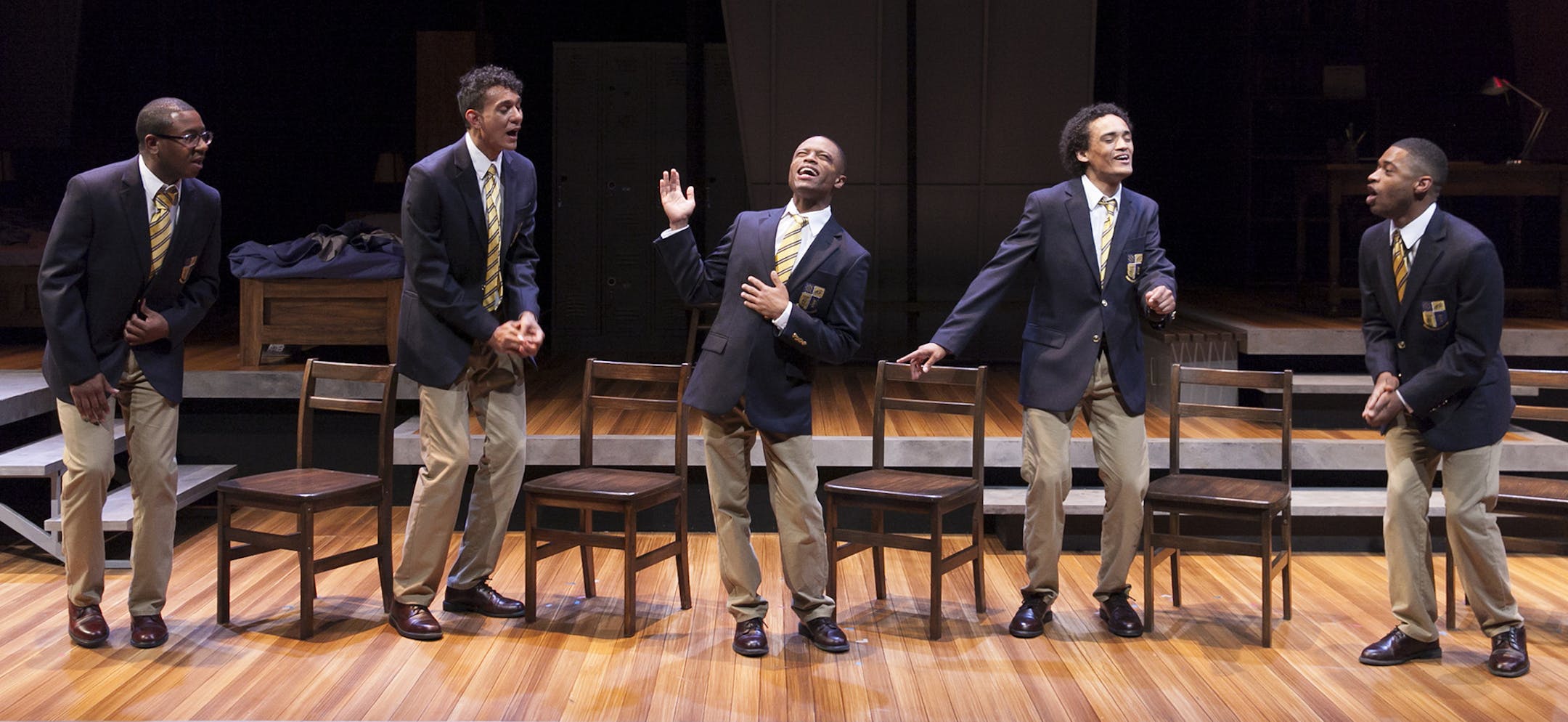 credit: Heidi Bohnenkamp Darrick Mosley (Robert "Bobby" Marrow III), Ryan Colbert (Antony Justin "A.J." James), John-Michael Lyles (Pharus Jonathan Young), Nathan Barlow (David Heard) and Kory LaQuess Pullam (Junior Davis) in the Guthrie Theater's production of Choir Boy by Tarrell Alvin McCraney, directed by Peter Rothstein.