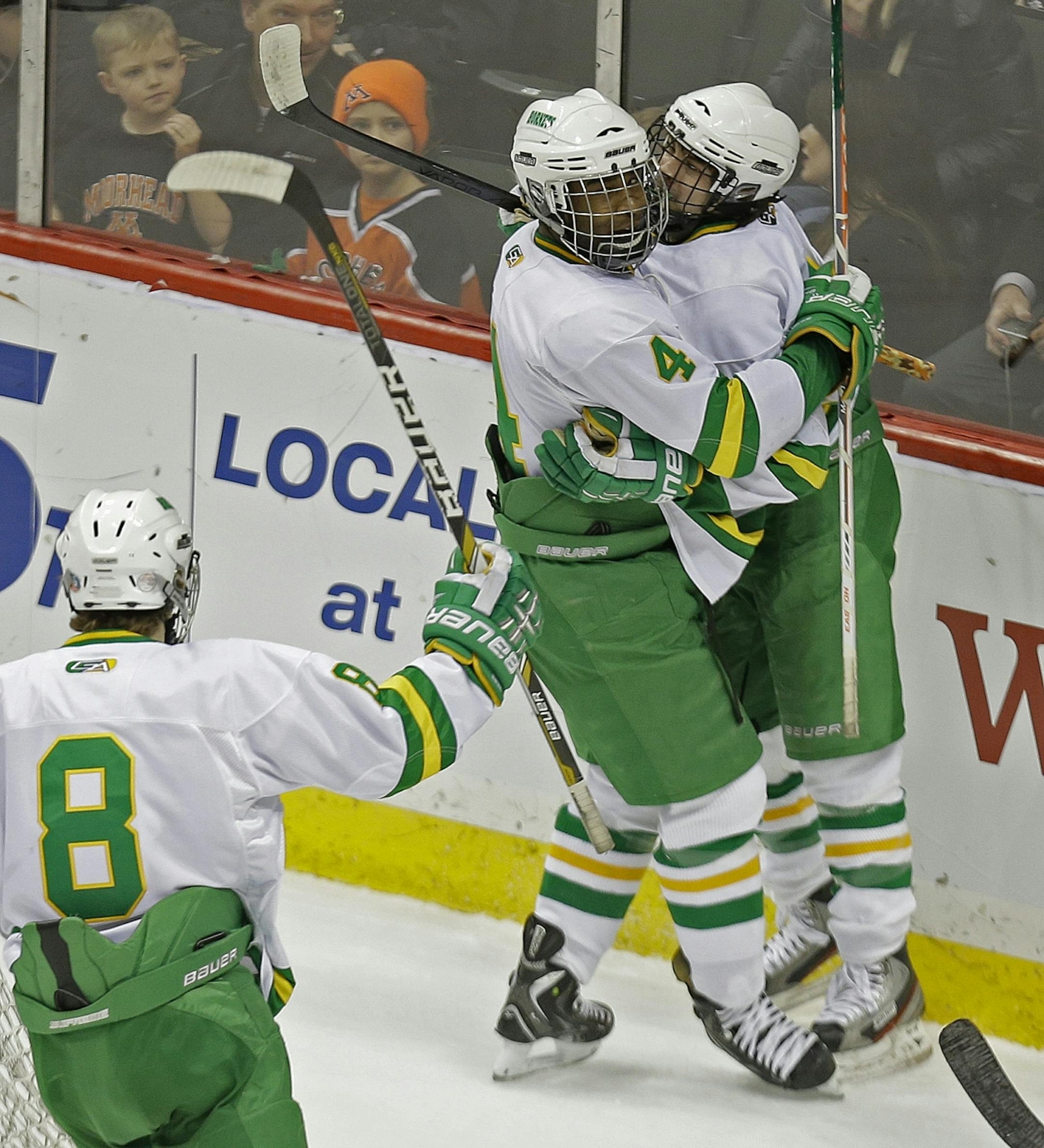 Edina's Anthony Walsh celebrated the second goal during the first period during the Class 2A boys' hockey state tournament quarterfinals at the Xcel Energy Center, Thursday, March 7, 2013 in St. Paul, MN.(ELIZABETH FLORES/STAR TRIBUNE) ELIZABETH FLORES � eflores@startribune.com