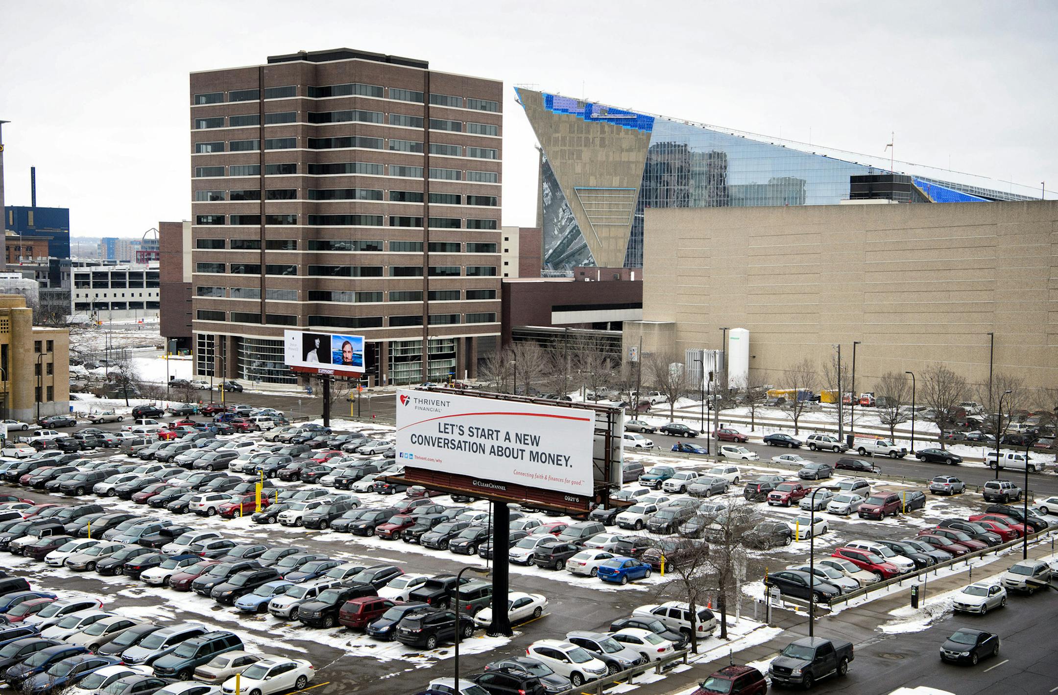 The Trivent surface parking lot at the corner of Portland Ave between 6th and 7th Streets.US Bank Stadium where the Minnesota Vikings will play in six months. ] GLEN STUBBE * gstubbe@startribune.com Monday, February 15, 2016 With a stadium six months from its first game, the Vikings are still scrambling to locate tailgating space near their gridiron edifice. ORG XMIT: MIN1602151516360227
