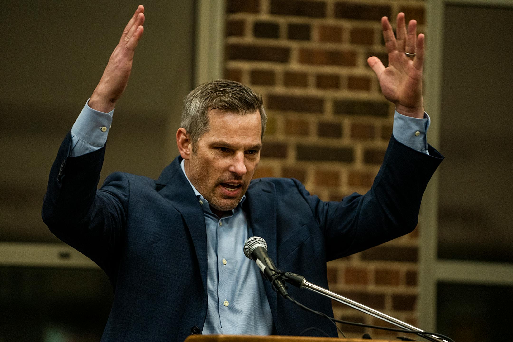 Former Gopher player Robb Stauber eulogized his former coach during a celebration of Gophers hockey legend Doug Woog at South St. Paul High School.