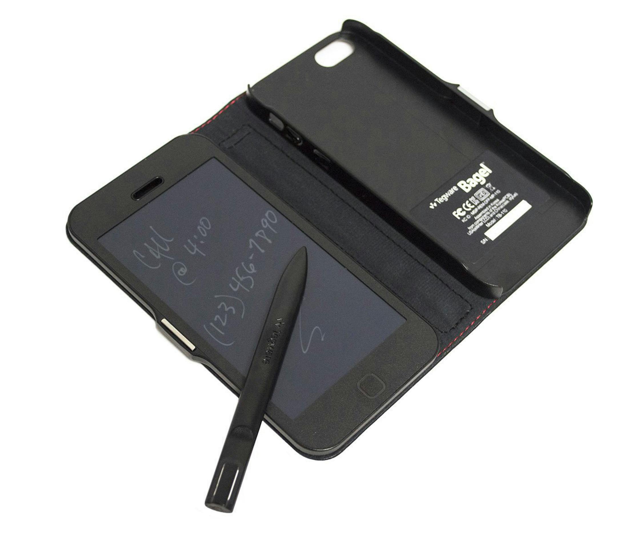 The Tegware Bagel protective case for iPhone 5/5s holds your phone securely on the right side (shown empty here) of the synthetic leather folding case, the left side has a 4.2-inch (diagonal) eWriter for taking paperless notes, reminders, memos or just doodling. (Wire Factory/MCT) ORG XMIT: 1153912