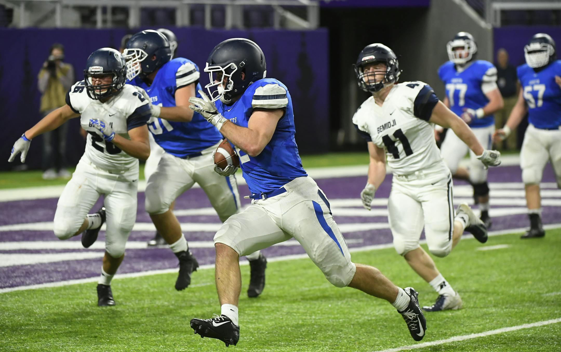 St. Thomas Academy running back Brendan McFadden (2) ran the ball into the end zone for a two point conversion in the second quarter against Bemidji. ] Aaron Lavinsky • aaron.lavinsky@startribune.com Bemidji played St. Thomas Academy in a Class 5A state tournament semifinal football game on Saturday, Nov. 17, 2018 at US Bank Stadium in Minneapolis, Minn.